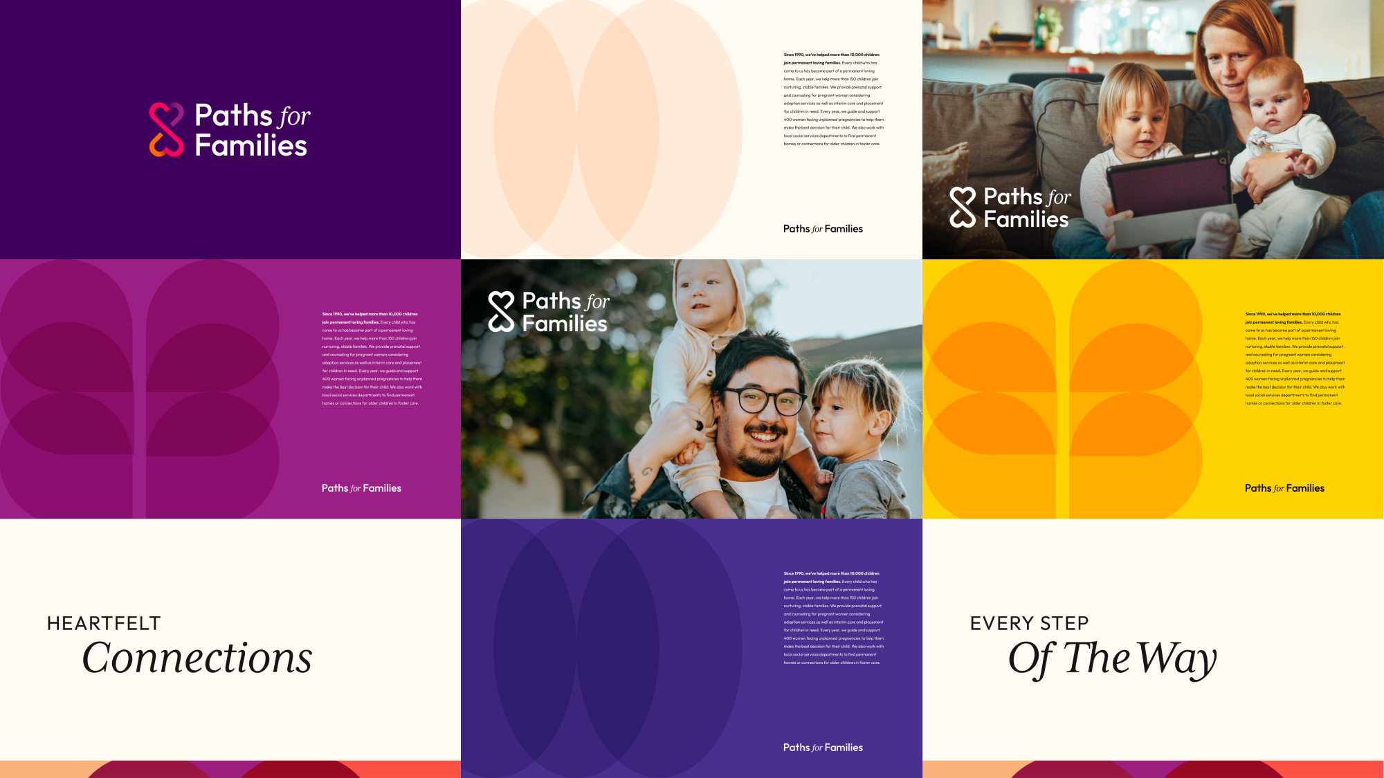 Grid of family-centric images and colorful geometric graphics for the Paths for Families brand.