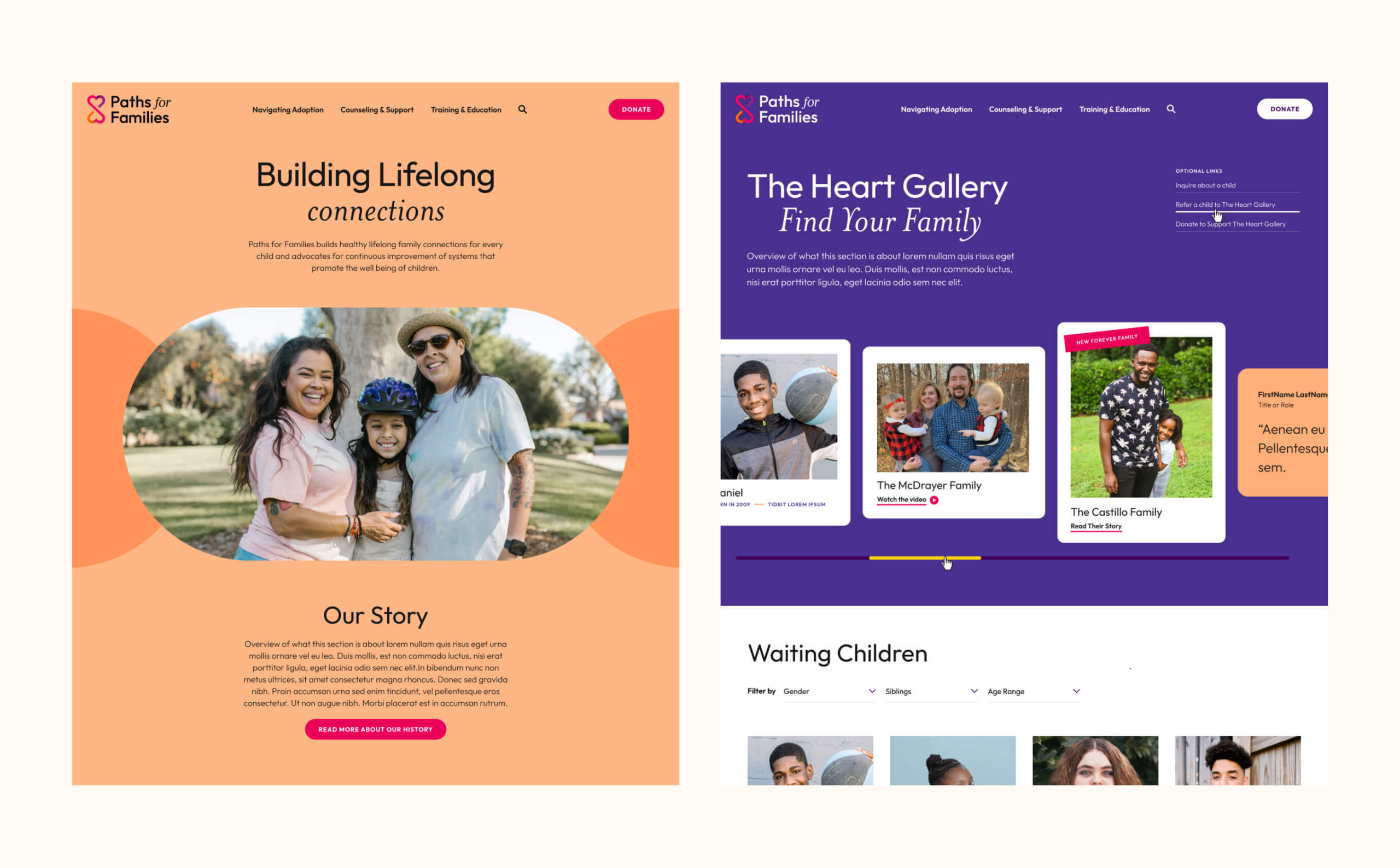 A collage of pages from the Paths for Families website design