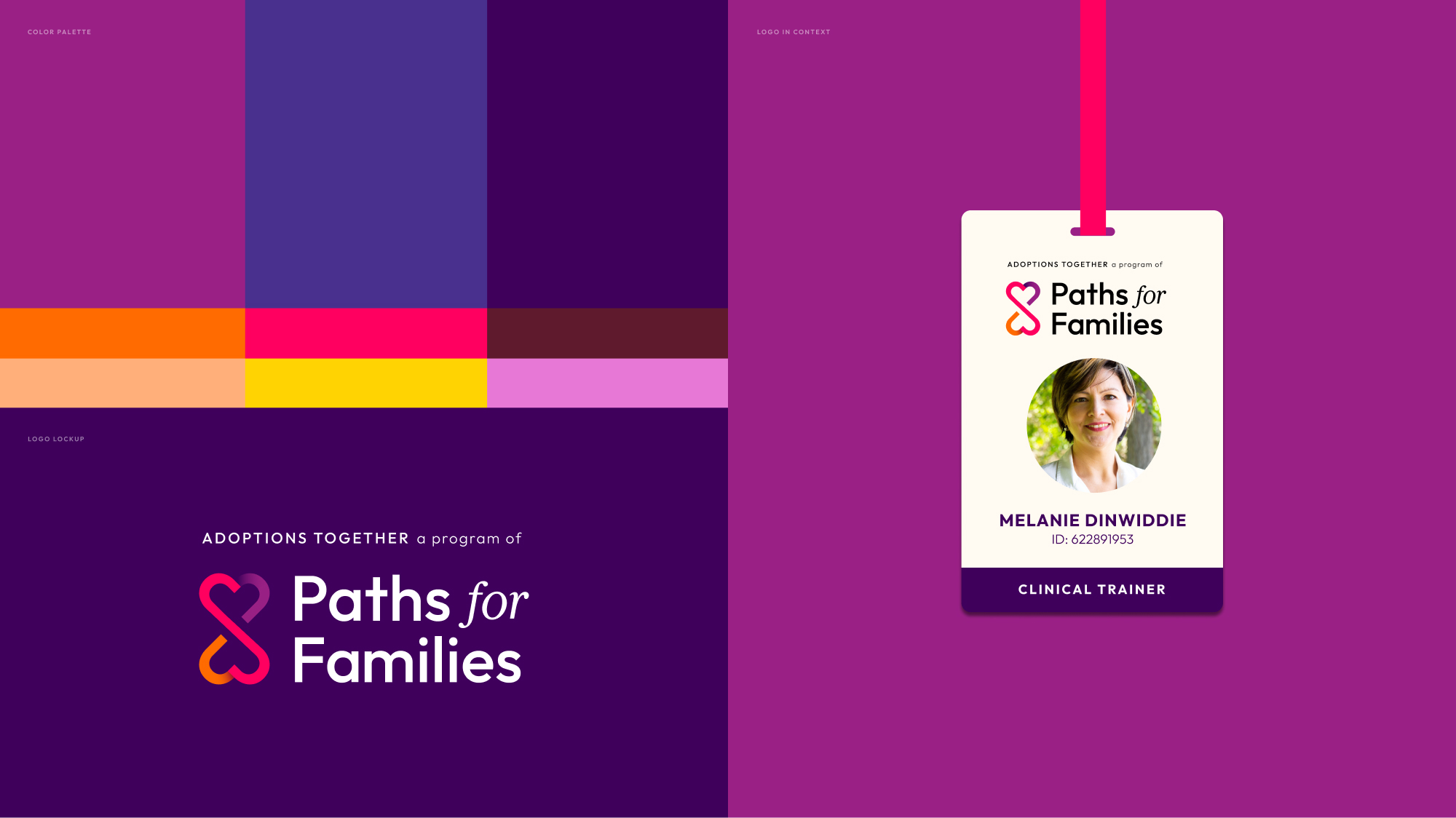 Paths for families color palette primarily featuring shades of purple, with an employee lanyard badge design on the right.