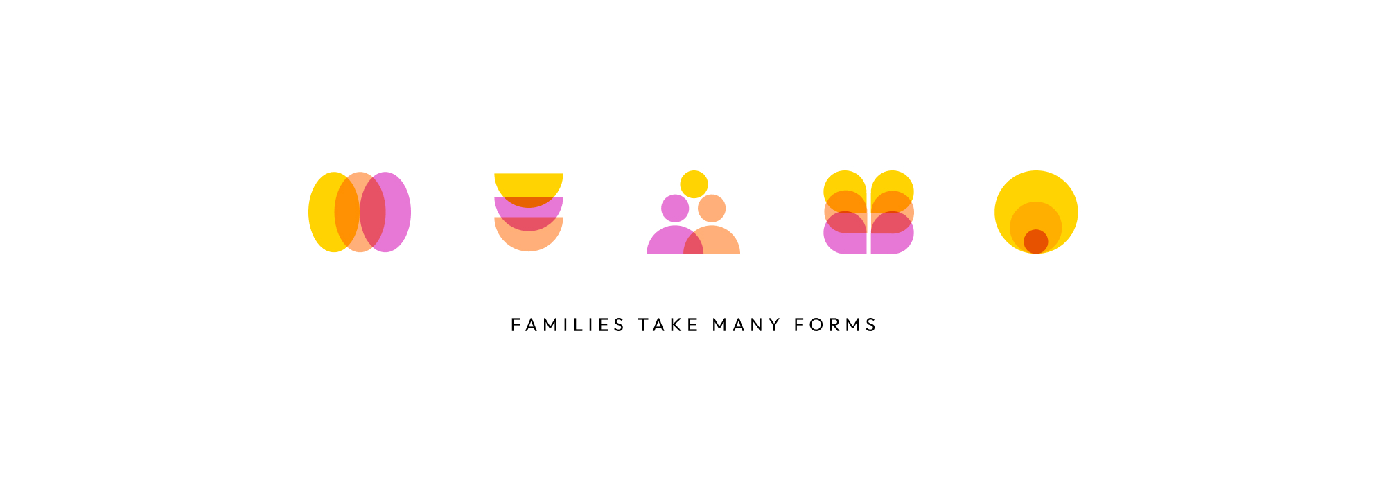 A row of colorful yellow, orange, and purple geometric icons made of shapes expressing abstract families.