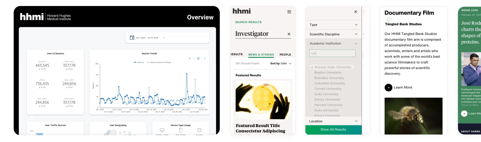 HHMI analytics dashboard and mobile page designs