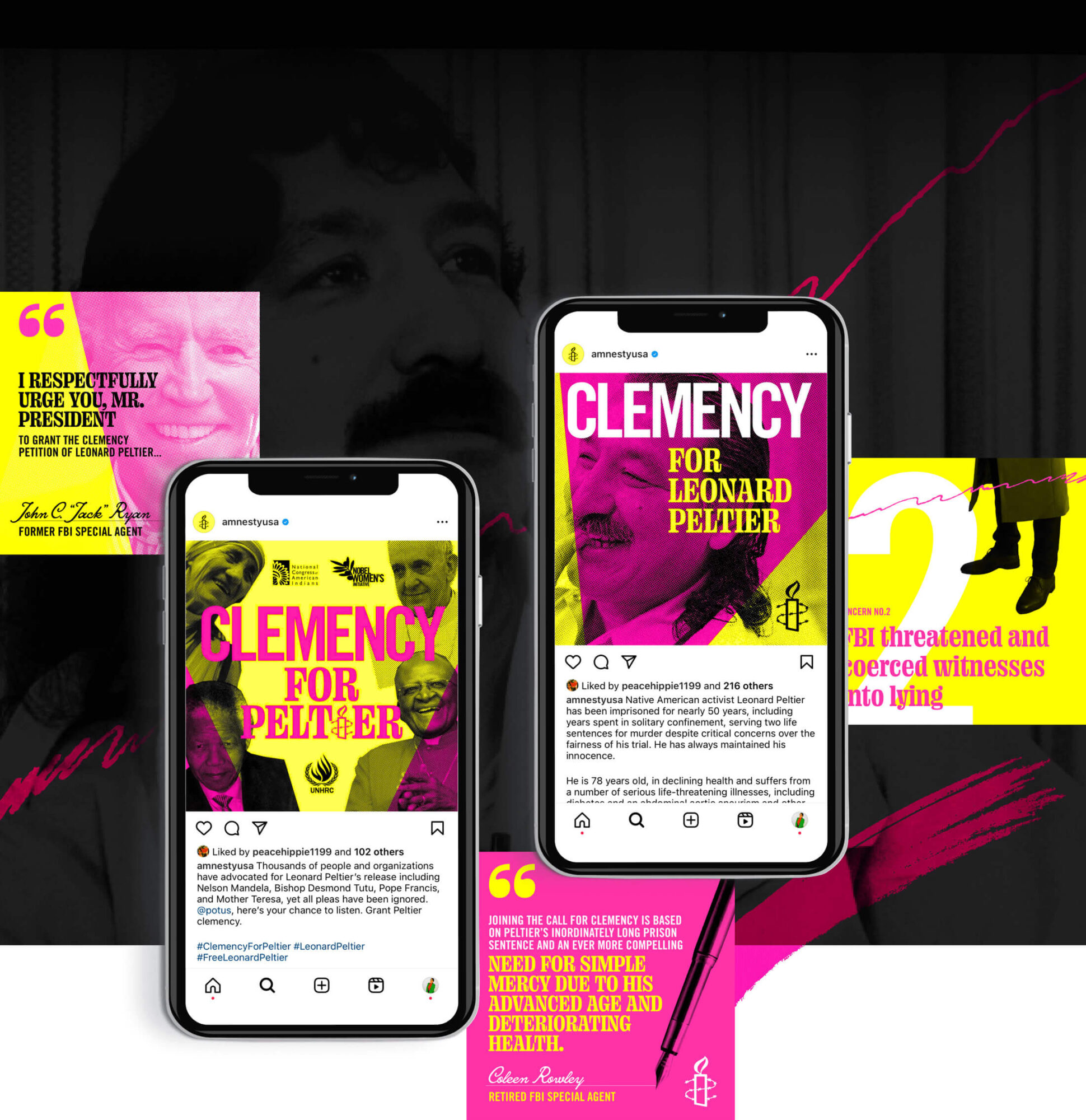 Collage of styles and graphics from the Clemency for Leonard Peltier campaign