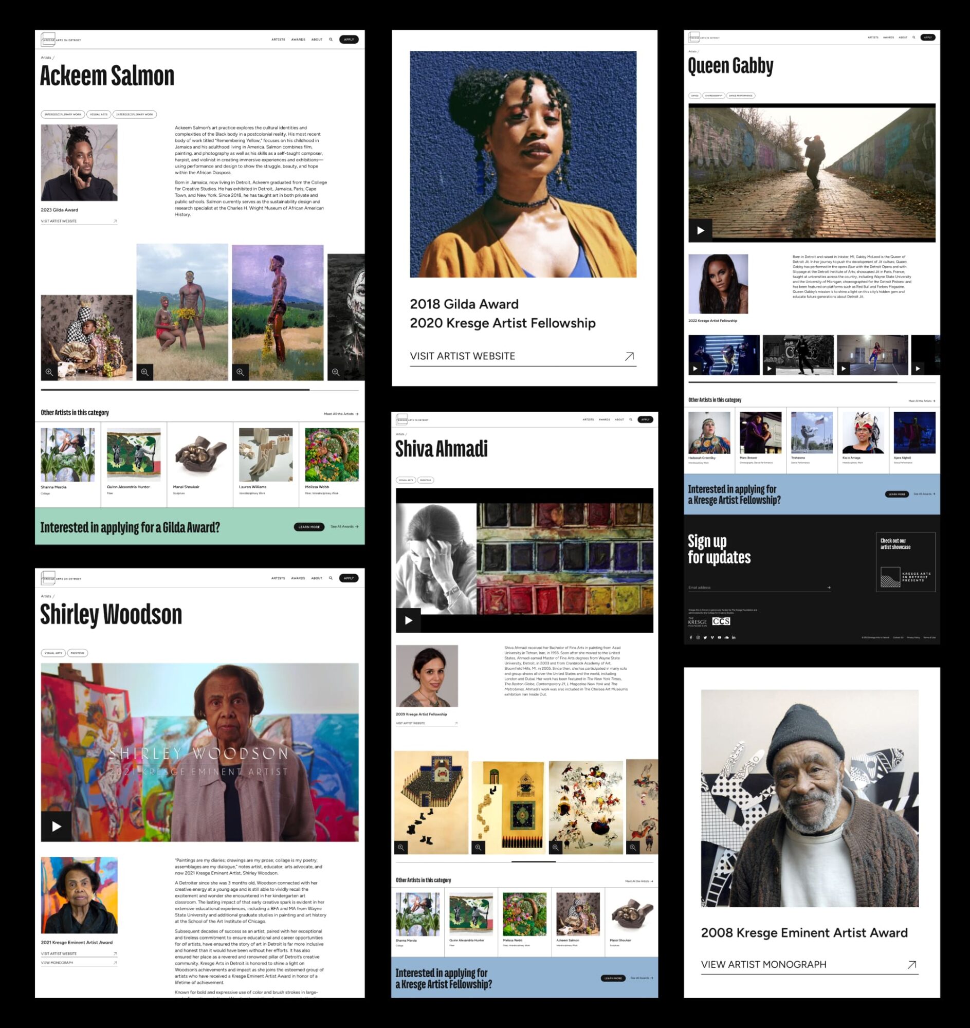 Collage showing various artist profile pages featured on the KAID website.