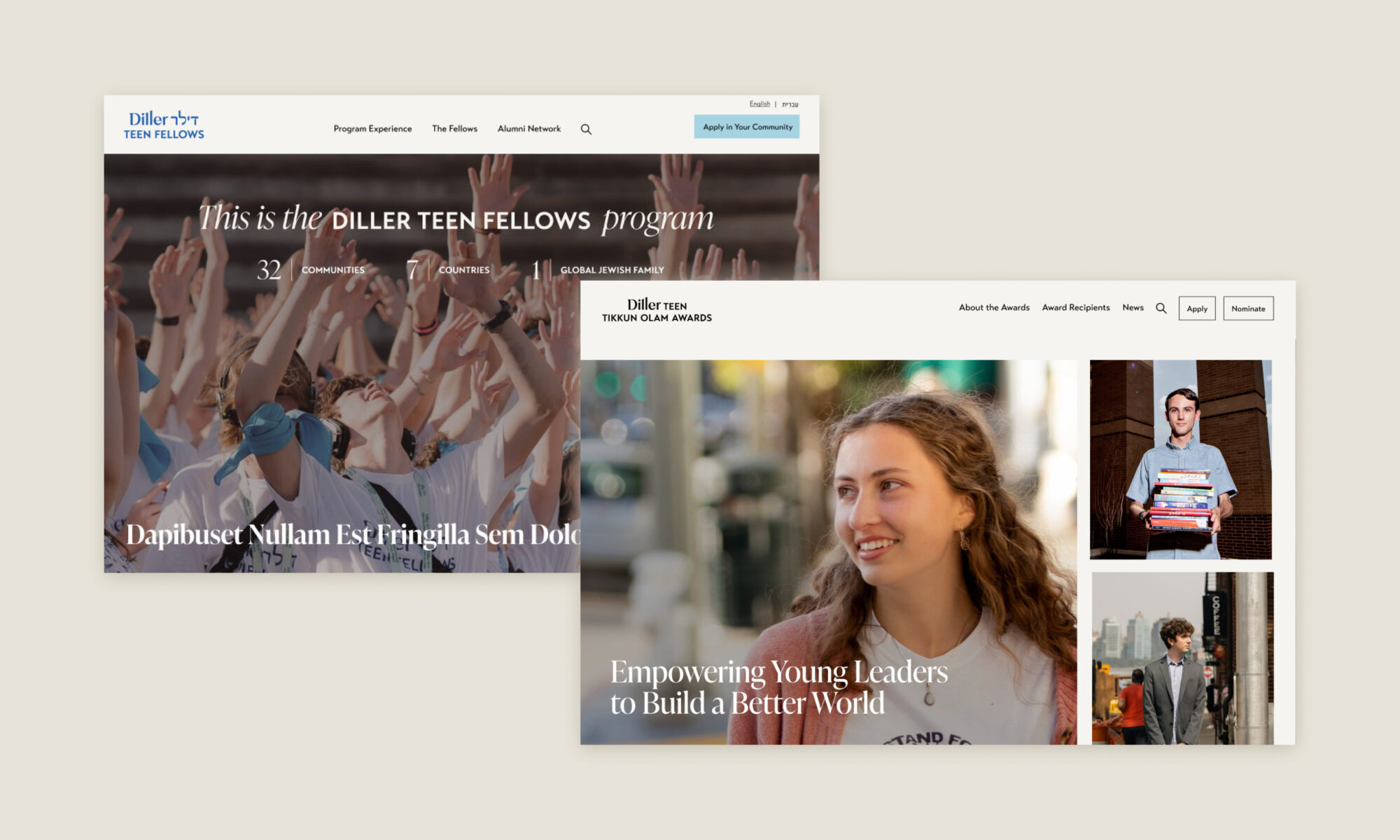 Collage of both Diller Teen Fellows and Tikkun Olam Awards homepages.