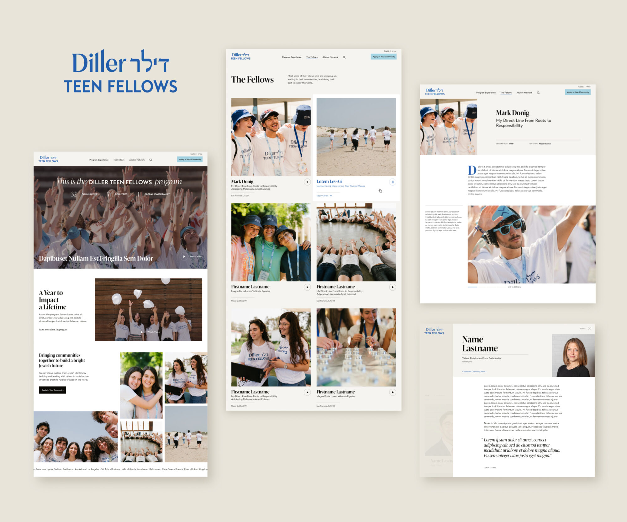 Collage showing the Hellen Diller Teen Fellows homepage and interior pages, including the Fellows listing page, Individual fellow page and individual team page.