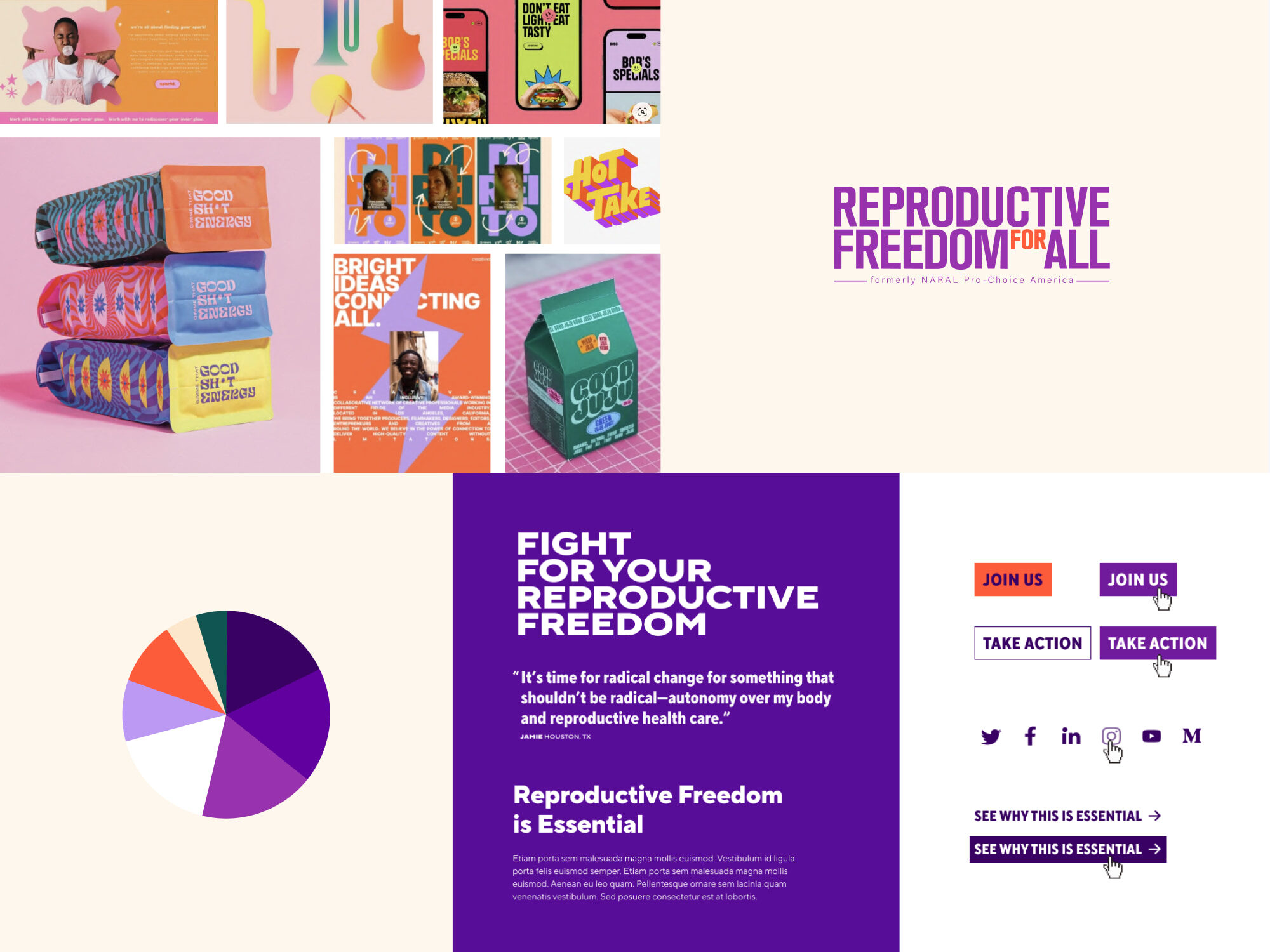 A collage of visual brand inspiration for the new Reproductive Freedom for All website design.