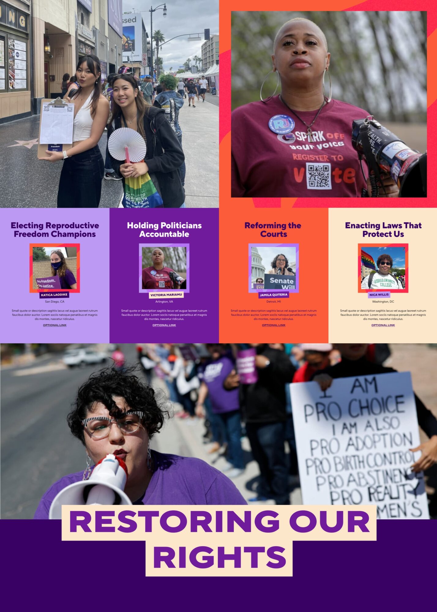 A collage of UI elements and photos from the Reproductive Freedom for All website design