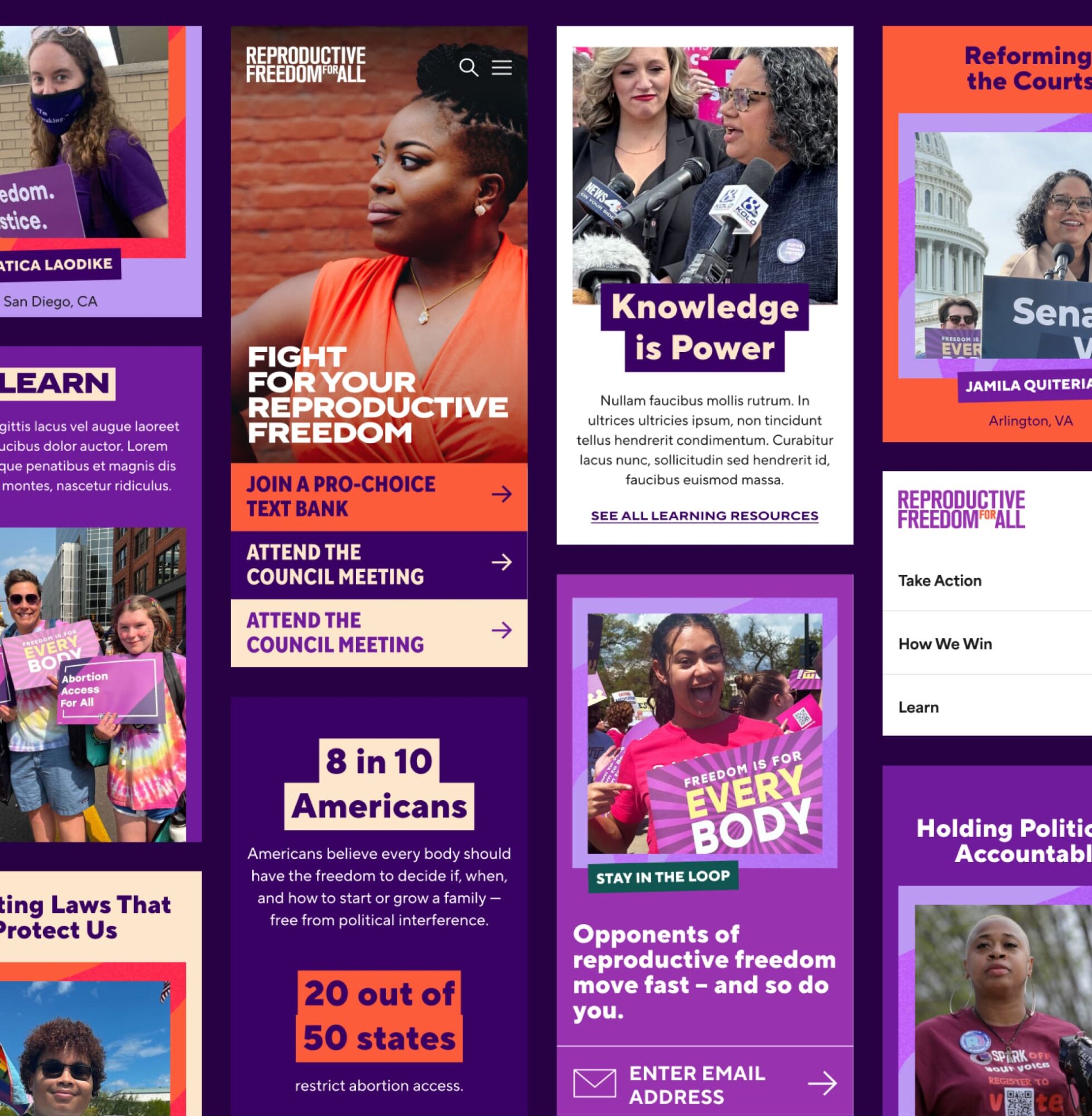 A collage of mobile website designs for the Reproductive Freedom for All website