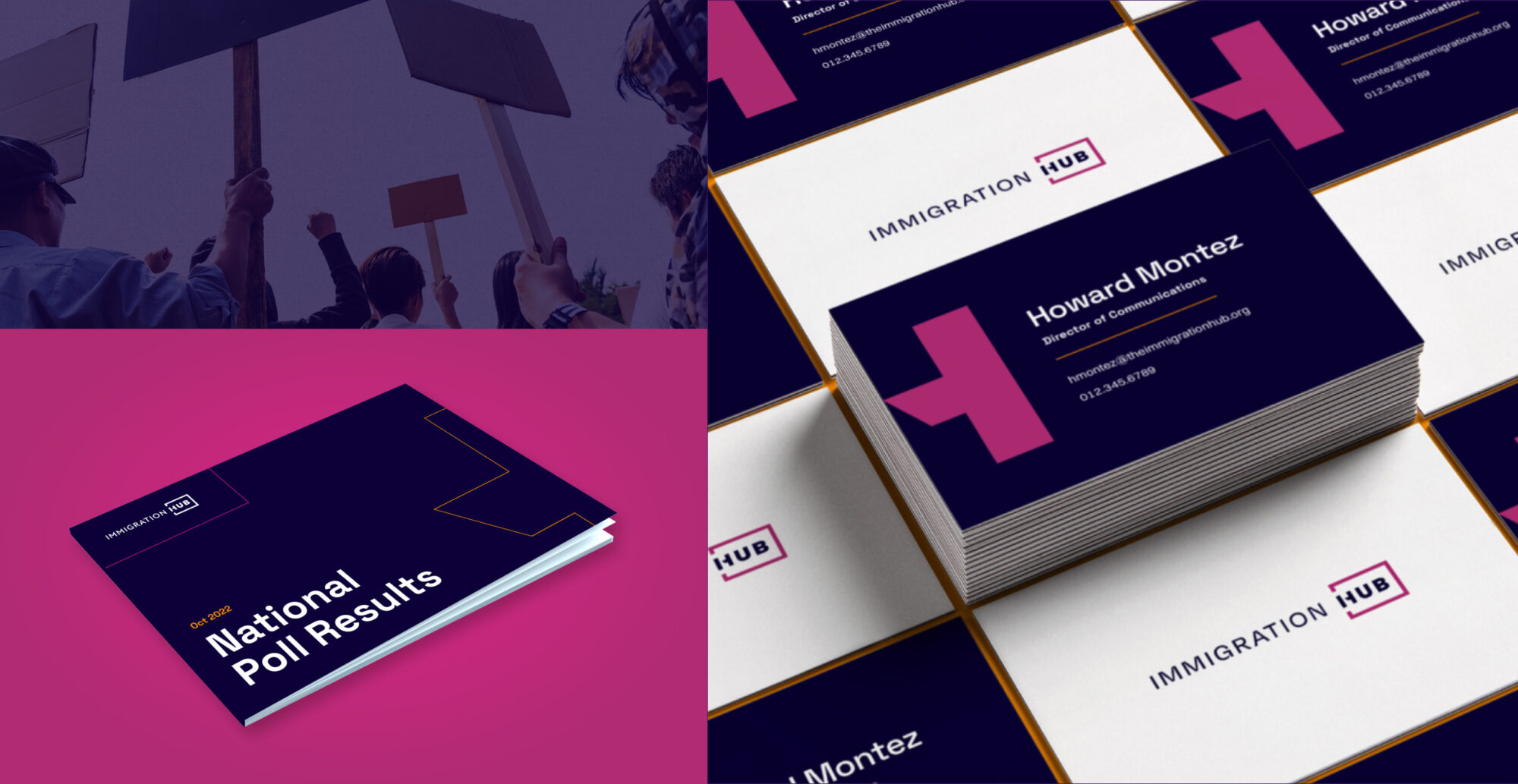 Collection of different collateral, from a booklet, business card, and photo filter style.