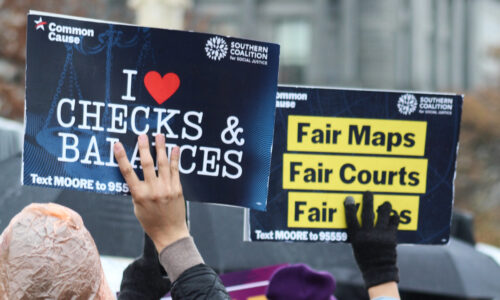 Protesters holding Common Cause signs