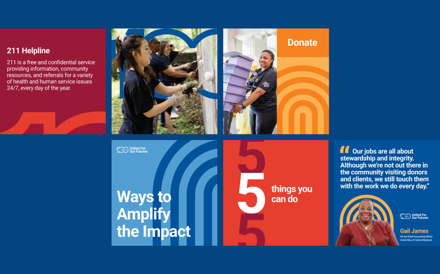 A collage of colorful social graphics for the United Way United for Our Futures Campaign