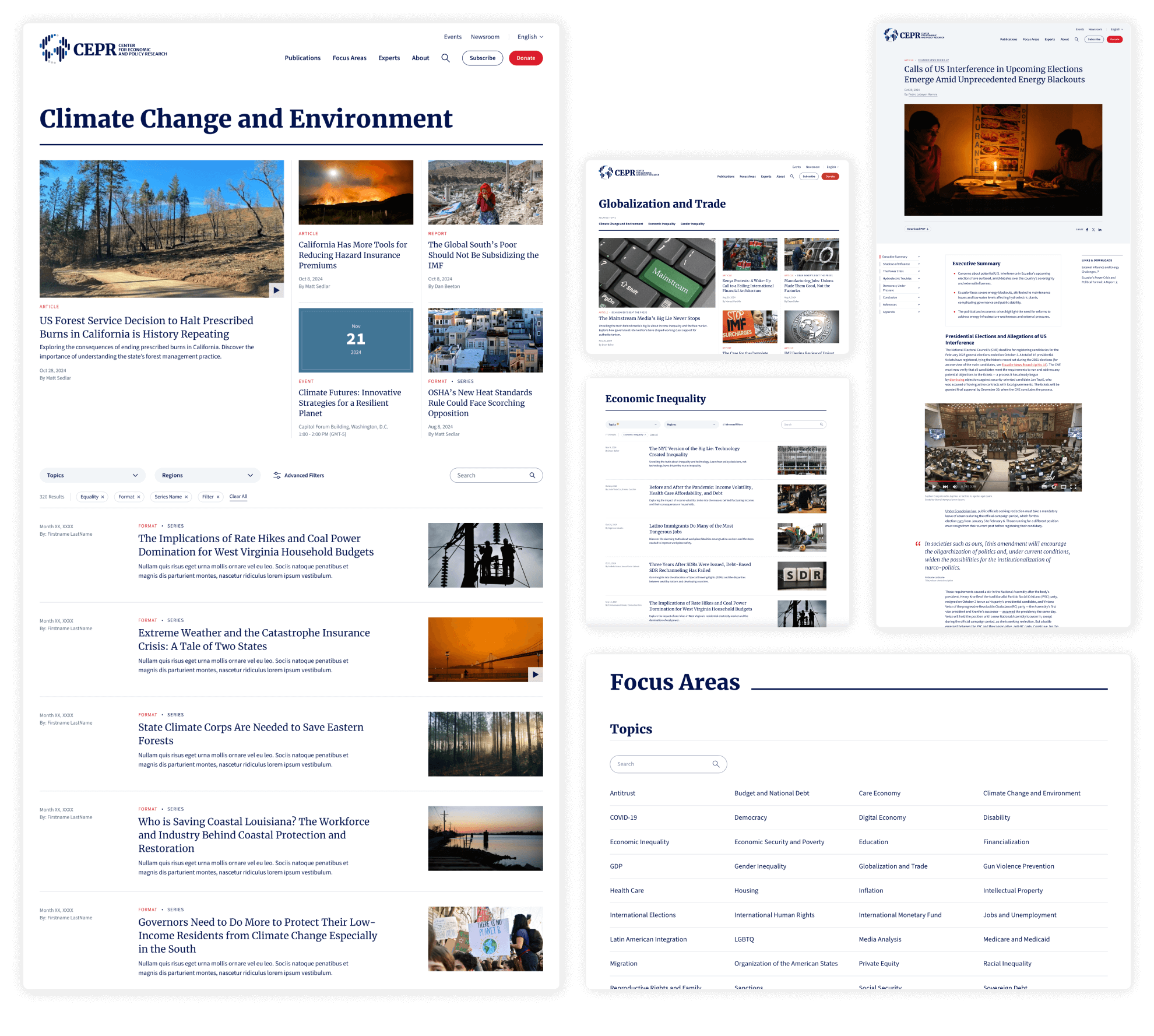 A grid of desktop screens showing various topic landing pages and an individual article page.