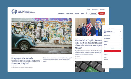 The top section of the CEPR homepage showing three featured articles with titles and images, alongside a mobile view of the site’s navigation menu.
