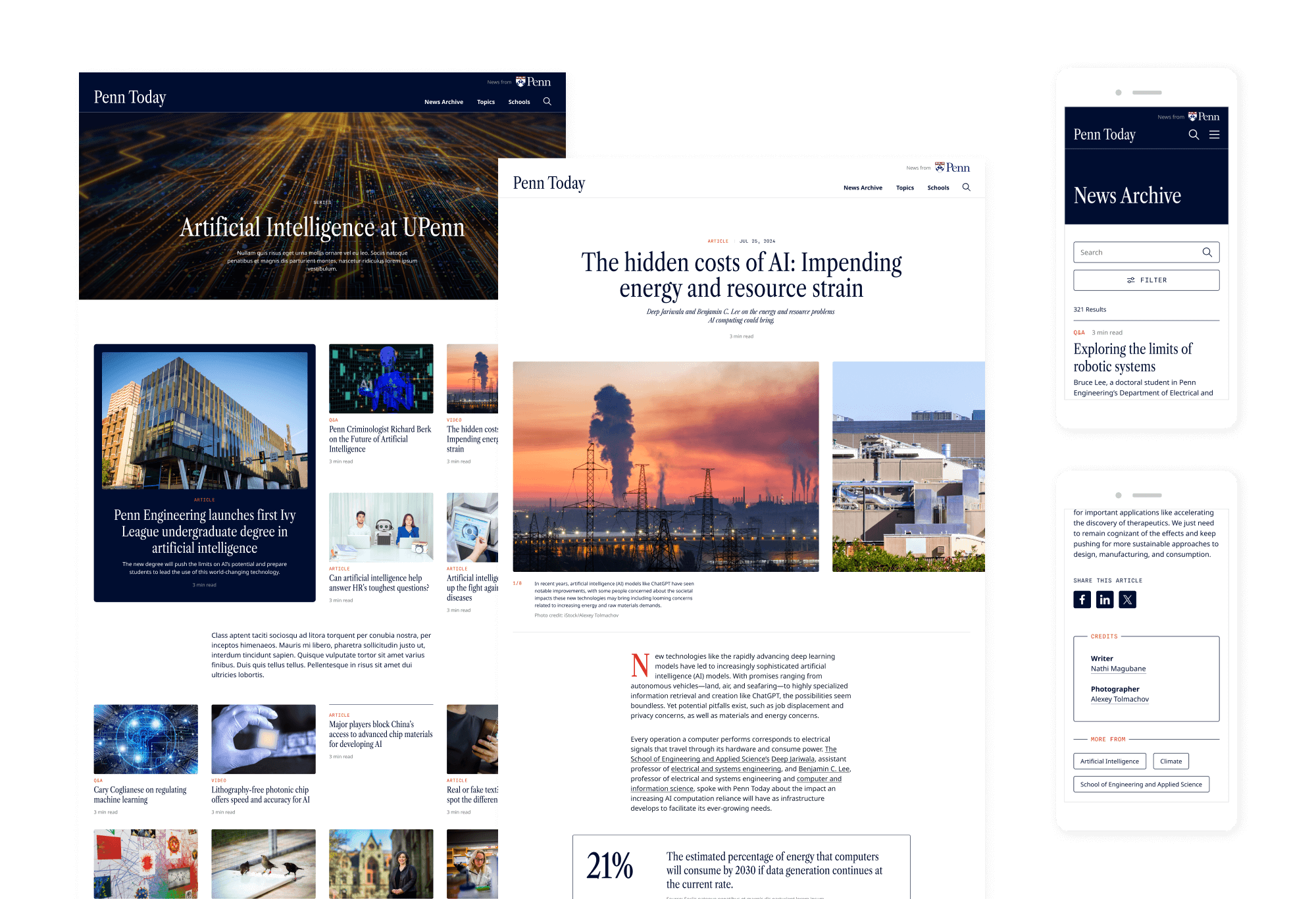 A collage of design comps displaying desktop and mobile views: a series listing page, an article detail page, a news archive listing page on mobile, and related tags on a mobile article page.