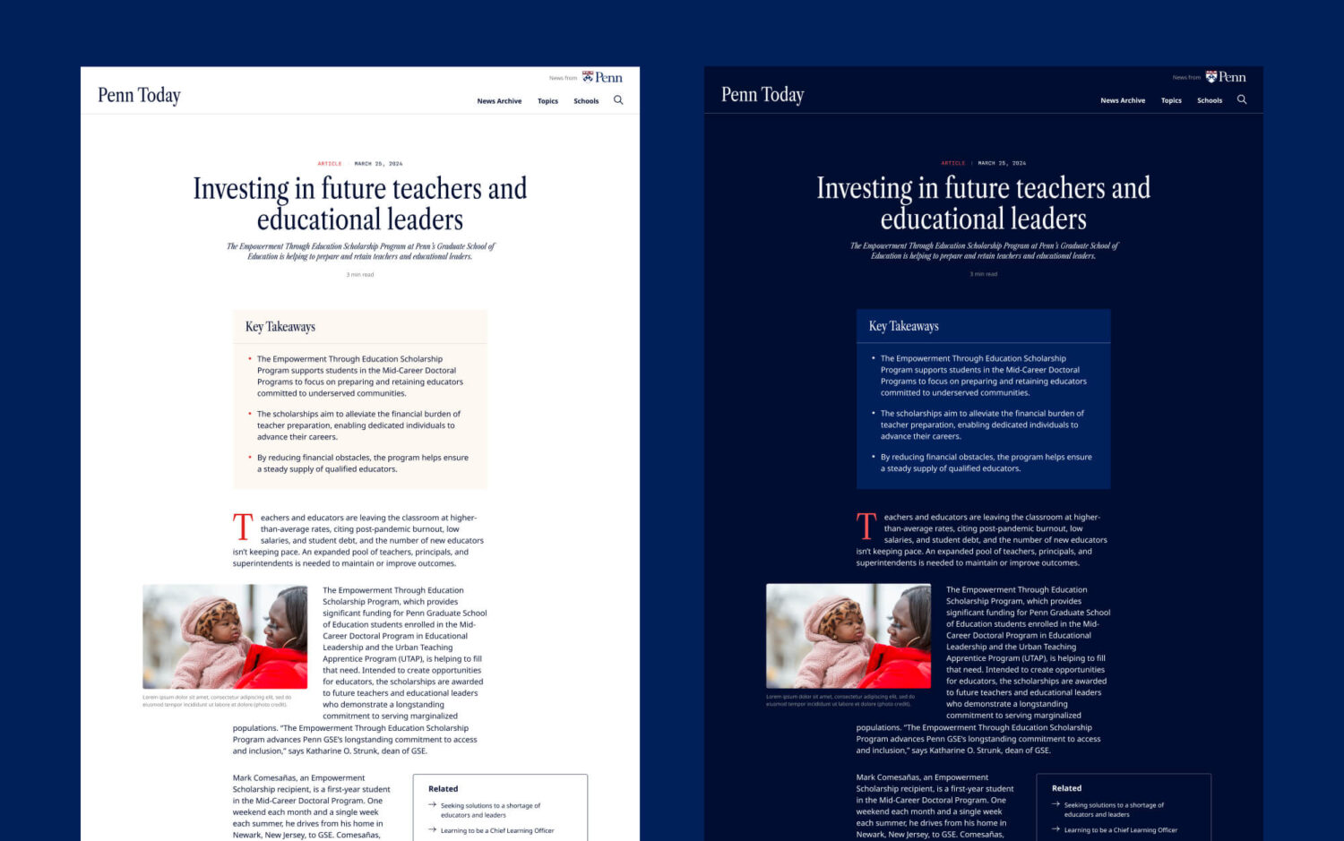 A side-by-side comparison of an article detail page displayed in light mode on the left and dark mode on the right.