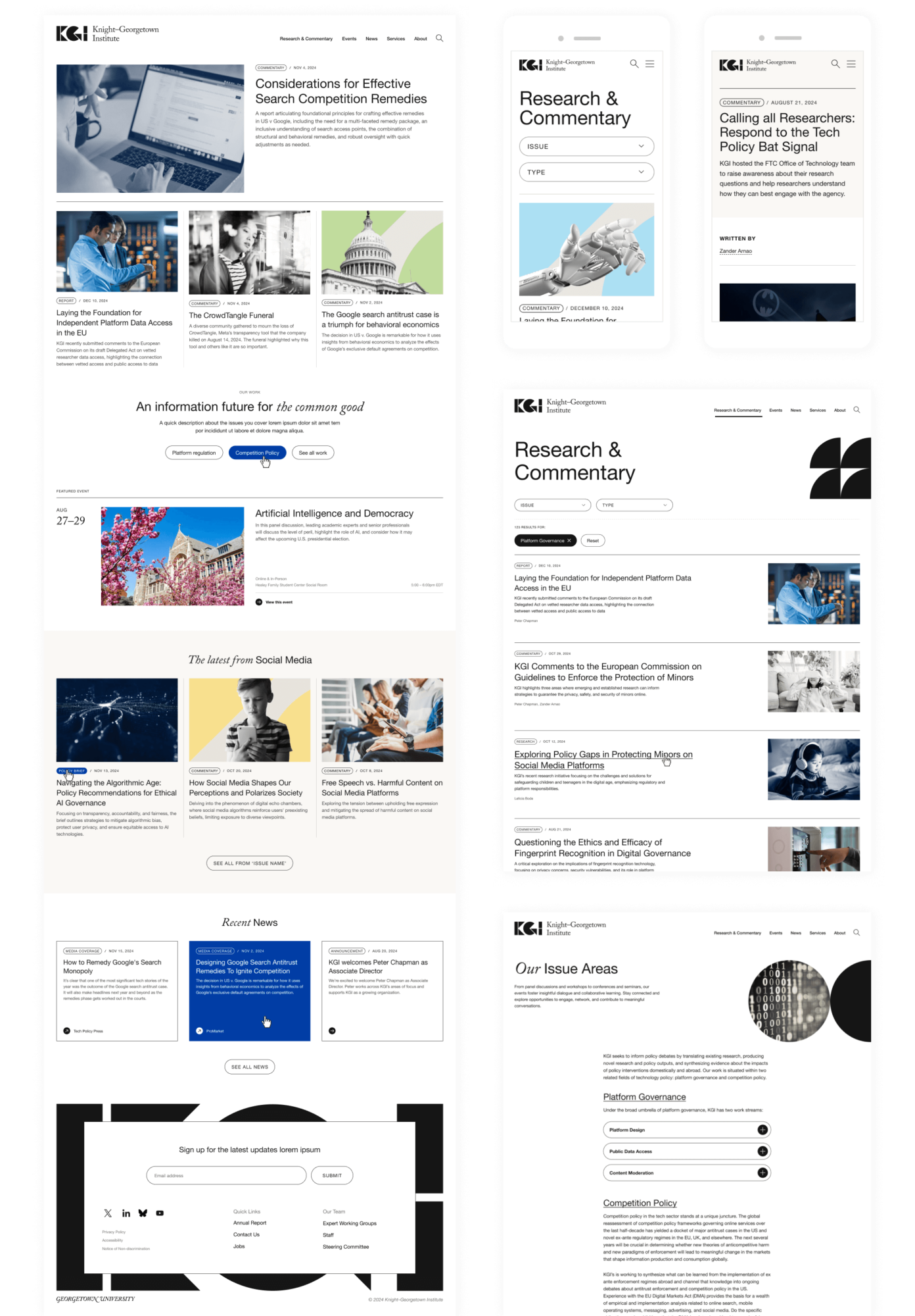 A grid displaying screens from the KGI website, featuring the full homepage, two mobile views of the Research & Commentary landing and article detail pages, and two desktop views of the Research & Commentary listing and the Issues landing page.