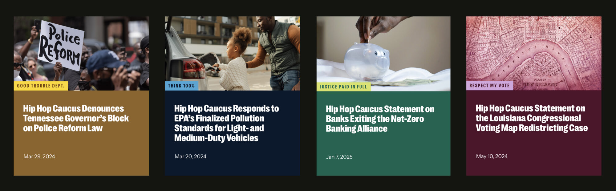 Color coded cards, indicating which content related to which Hip Hop Caucus Issue Area.