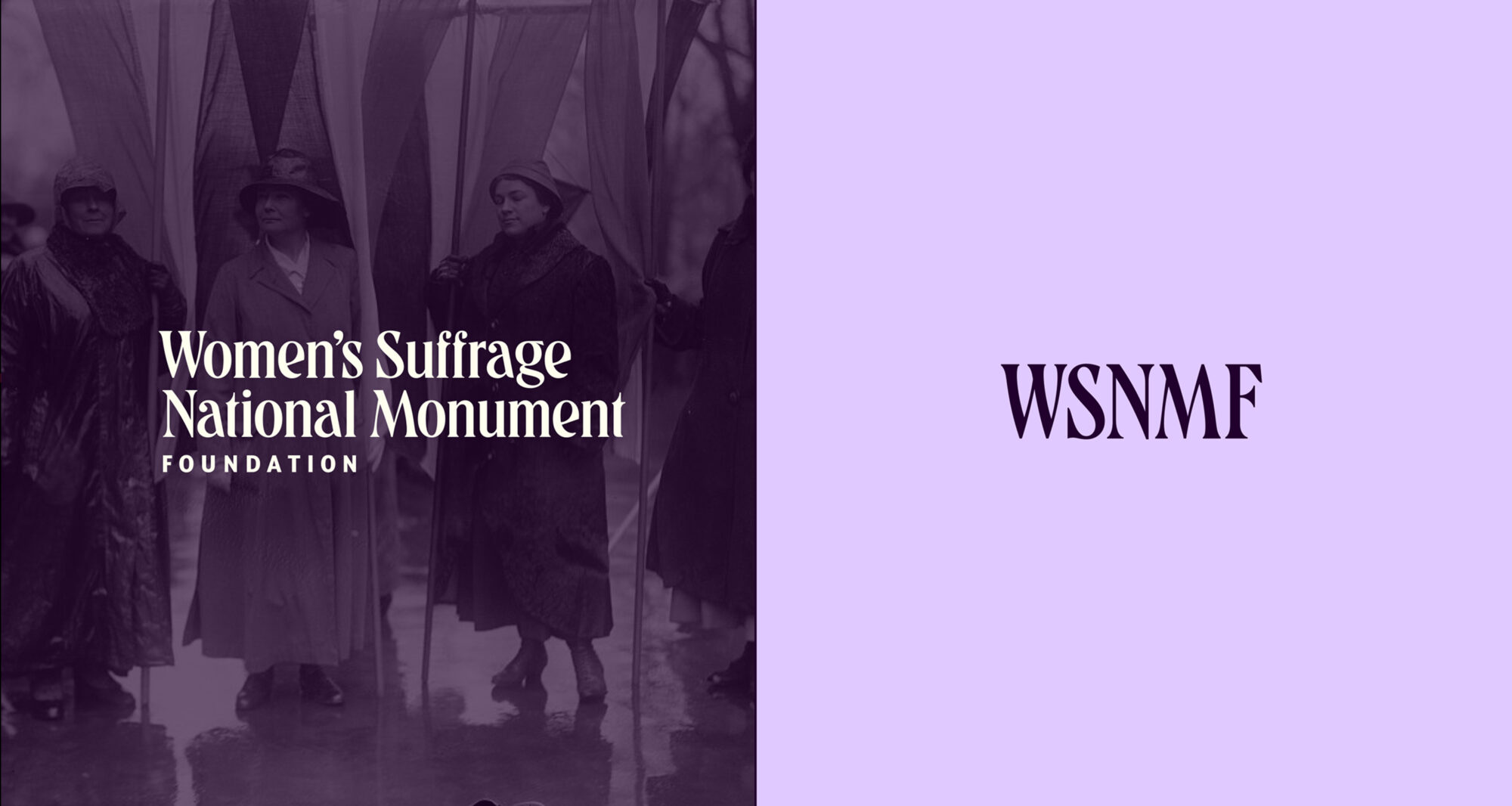 The WSNMF wordmark against a plum tinted overlay of Suffragists with banners and the WSNMF submark against a lavender background.