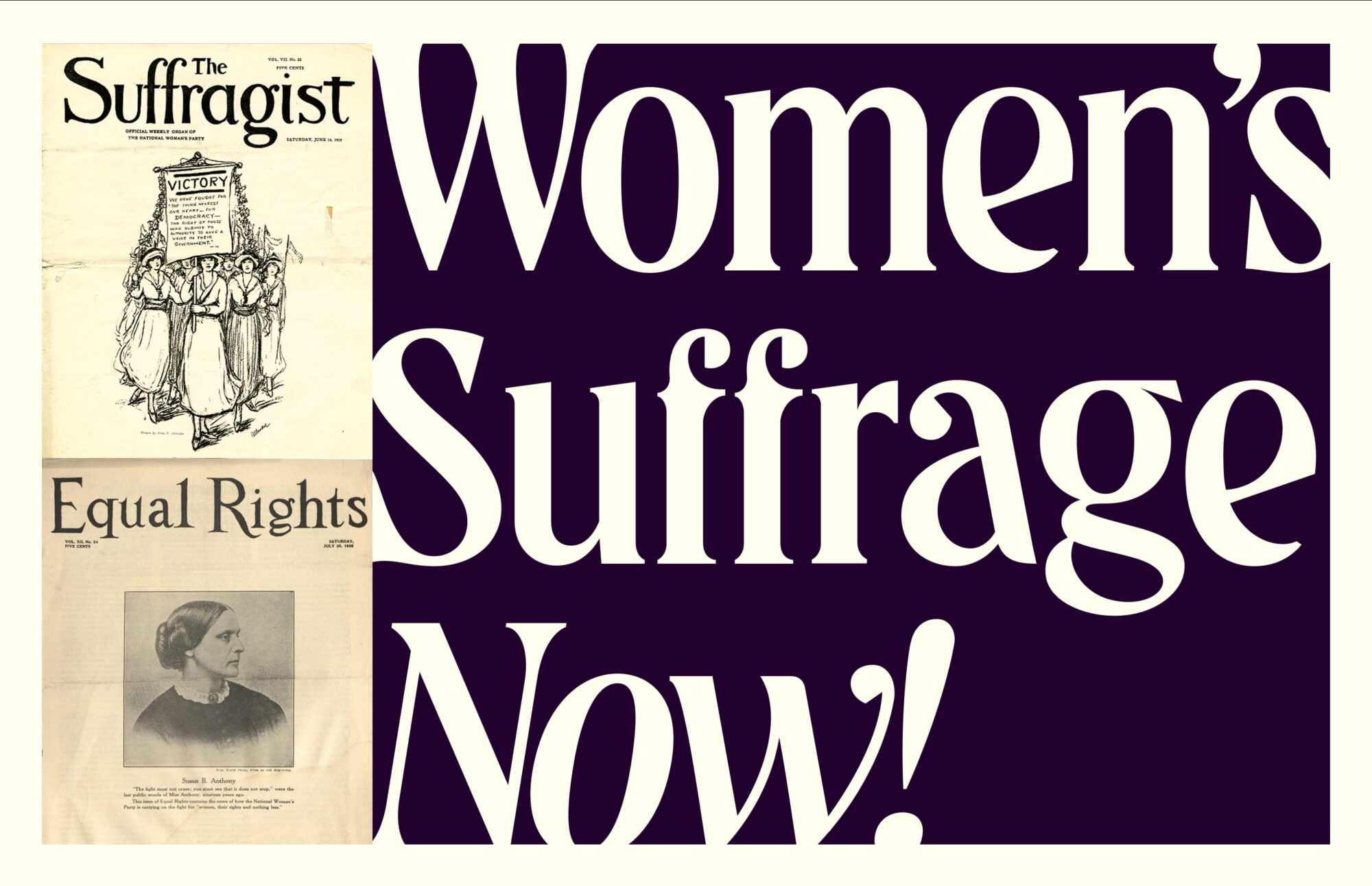 Historic Suffragist design materials and the WSNMF's custom typeface spelling out: 