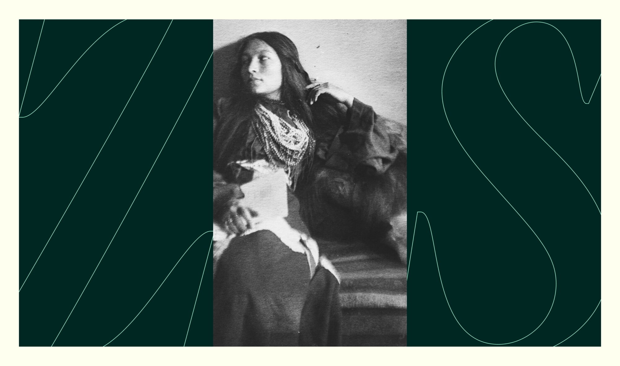 Portrait of Indigenous Suffragist, Zitkala-Ša, between two zoomed in letters of the custom typeface, Z & S.