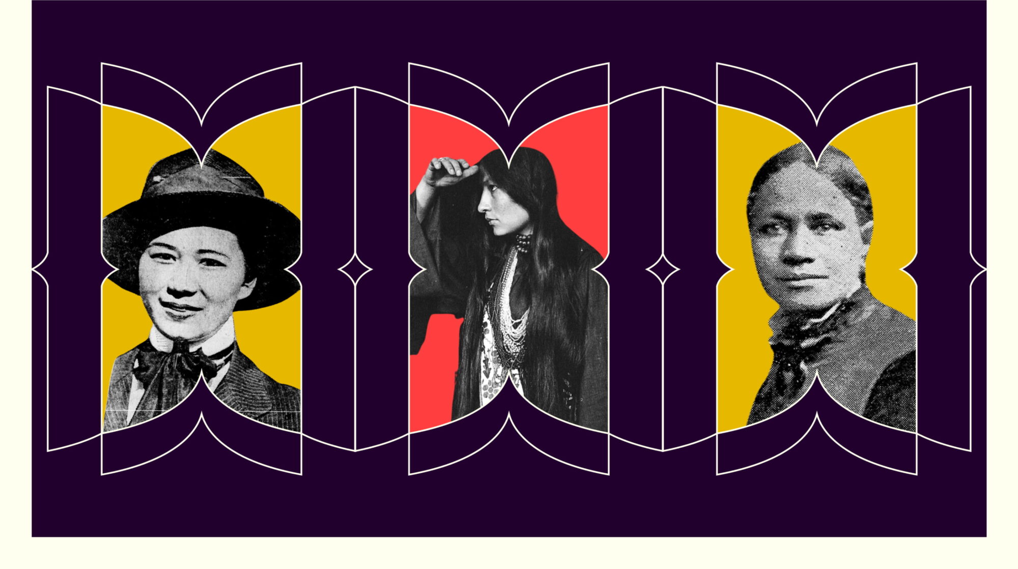 Suffragists Mabel Ping-Hua Lee, Zitkála-Šá, and Frances Ellen Watkins Harper cut-out portraits in black and white against pop colors (bright red and yellow) and set within Art Nouveau frames