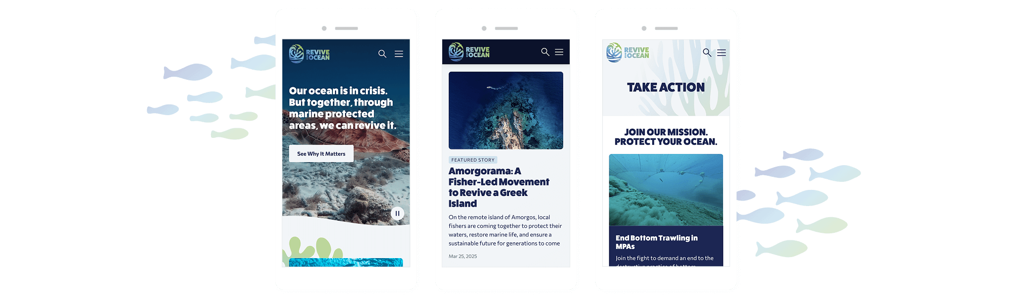Three mobile screens featuring the homepage, a featured story, and the actions page.