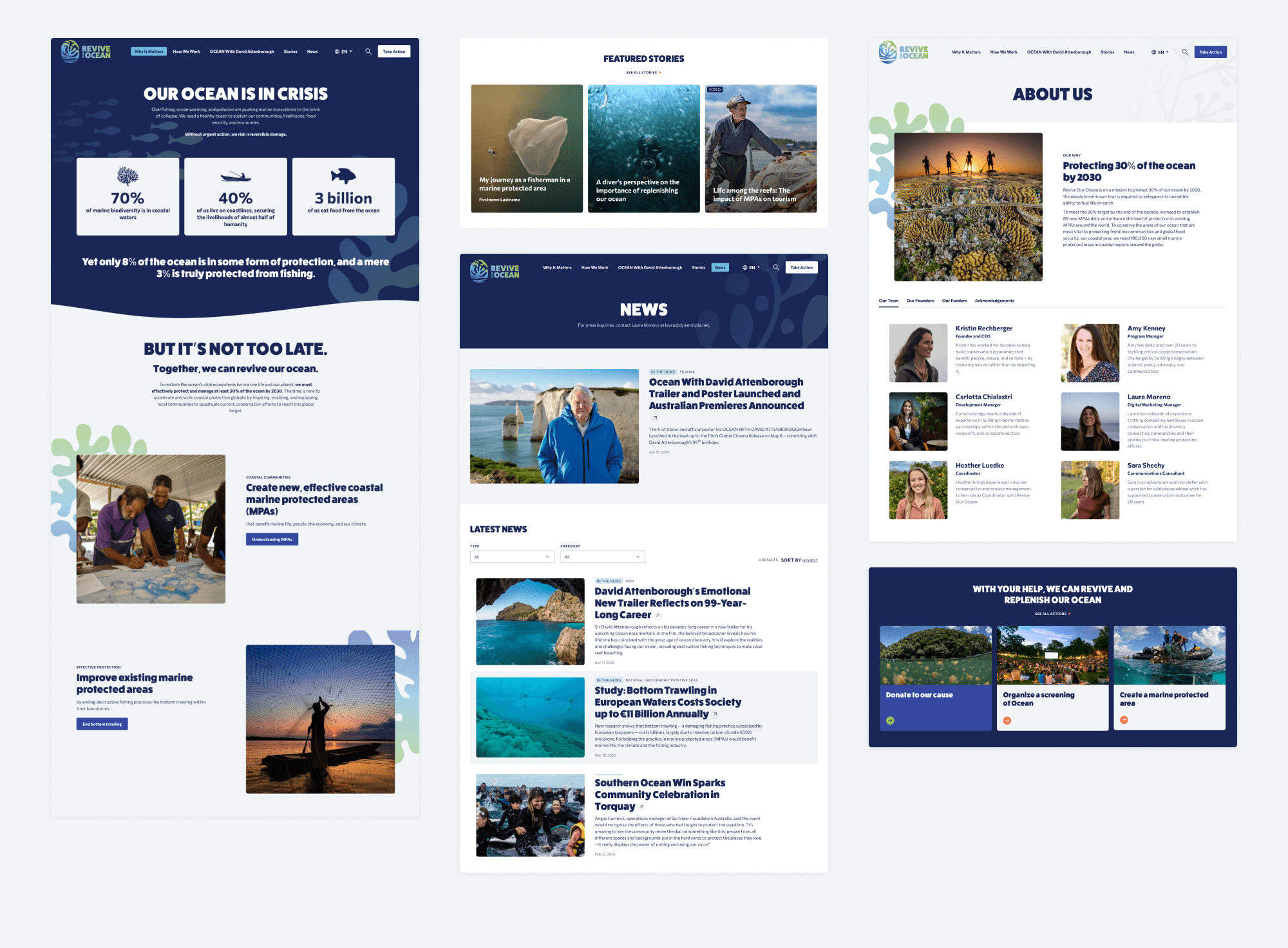A grid of site screens showcasing the 'Why it Matters' page, the News page, the About page, and various Action and Stories cards displayed within their respective components.
