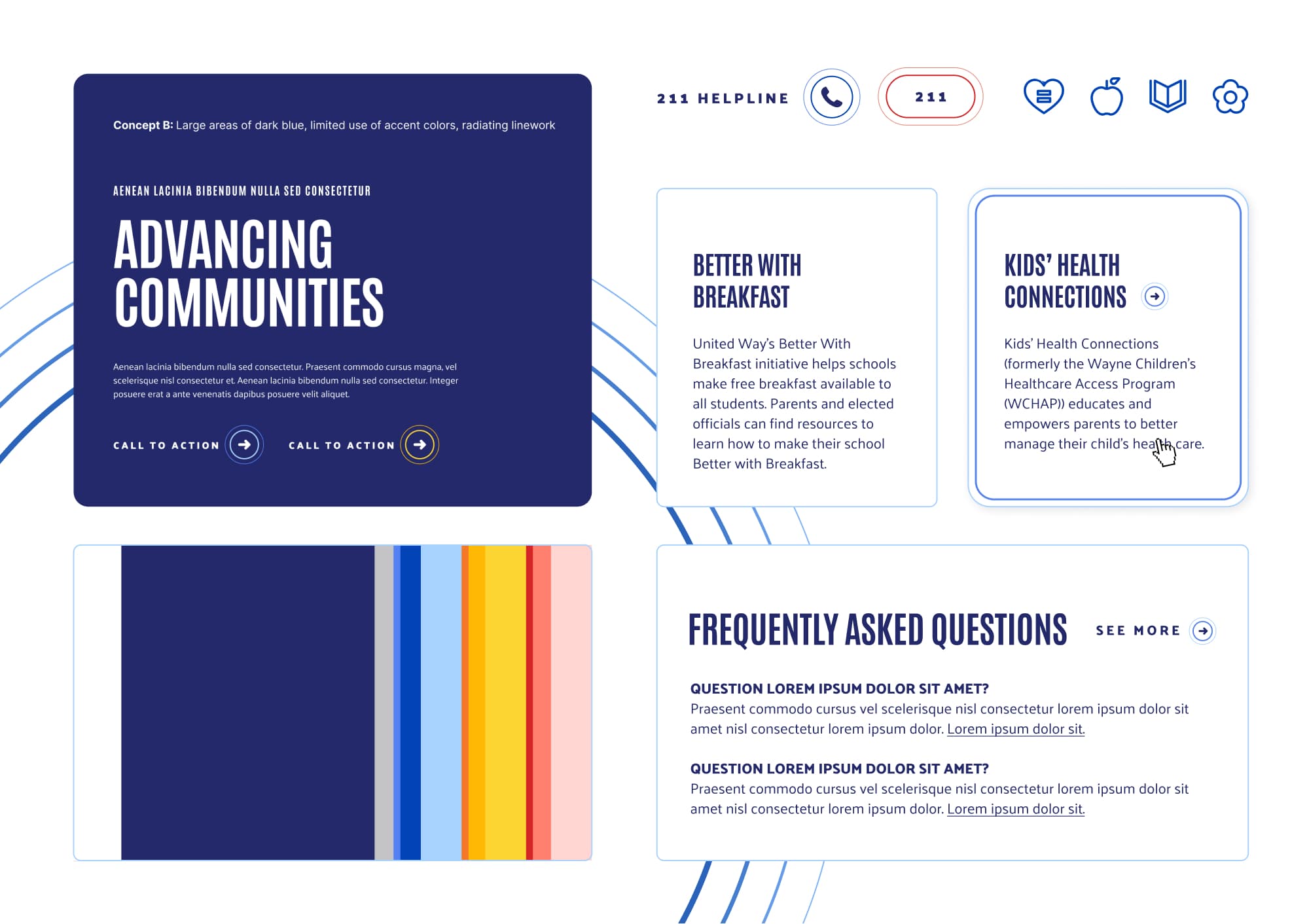 A collage of buttons, cards, colors, and other components that make up the design system of the website.