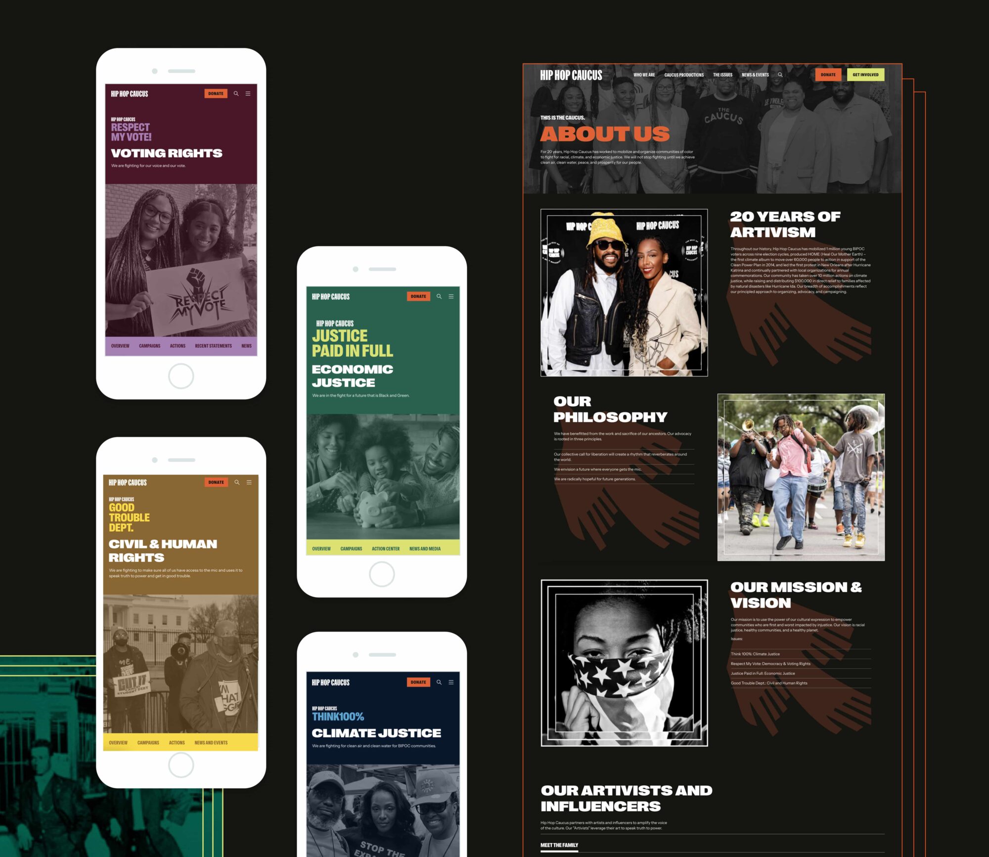 Collage of Hip Hop Caucus desktop and mobile designs, showcasing their Issue Areas and About Us page.