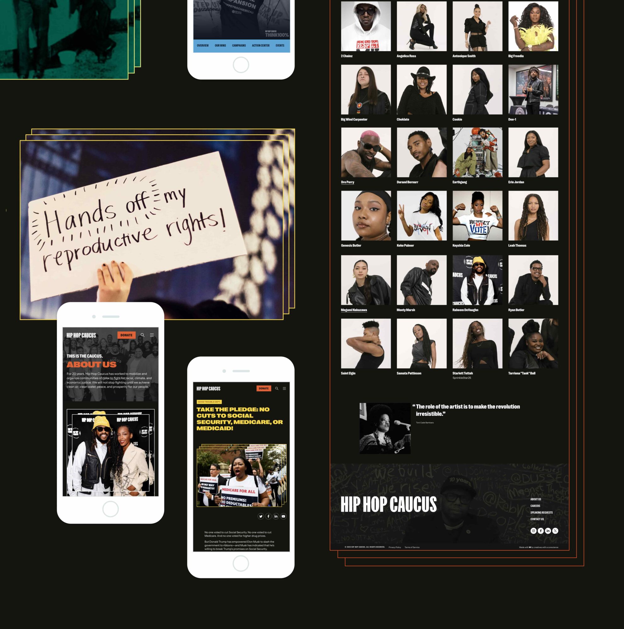 Collage of Hip Hop Caucus desktop and mobile designs, showcasing their Issue Areas and About Us page.