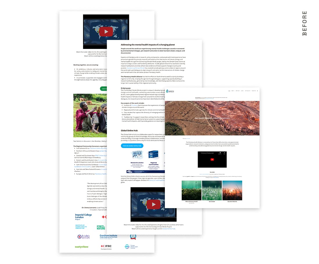 collage of images of the Planetary Health Alliance website before the redesign