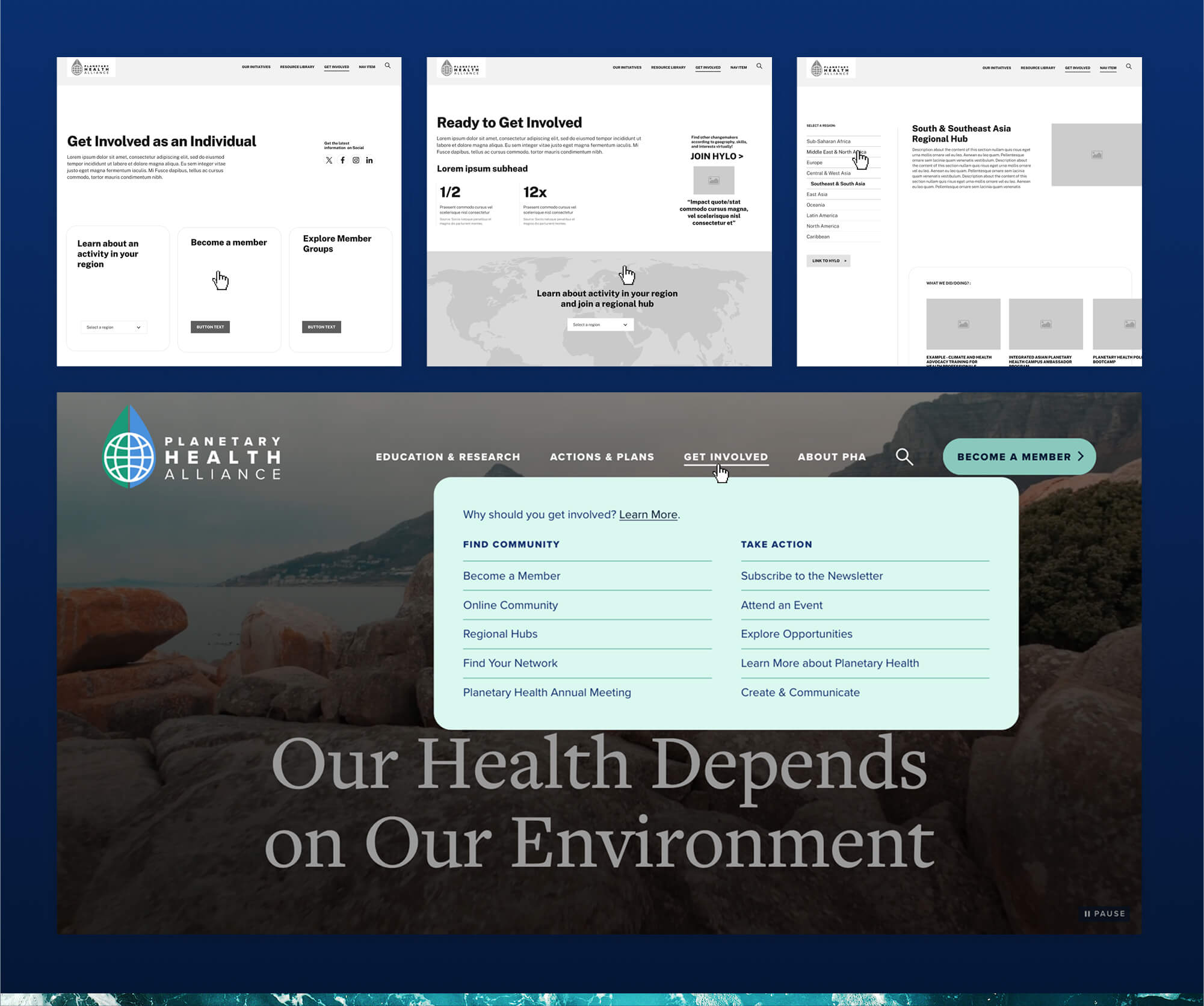 collage showing the wireframes that were used for user testing, as well as the megamenu that resulted from these tests
