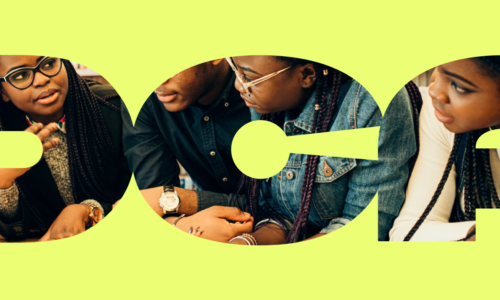 A group of black students gather around a textbook and study in the library. The image is masked within the DCF logomark which are chunky letters and there is a lime green background.
