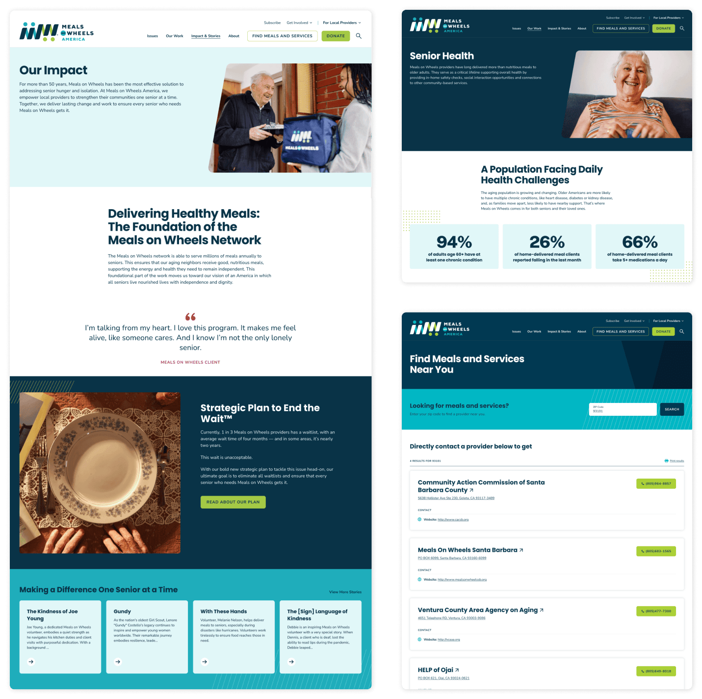 A collage of three desktop screens displaying the Impact page, Health page, and Find Meals and Services page.
