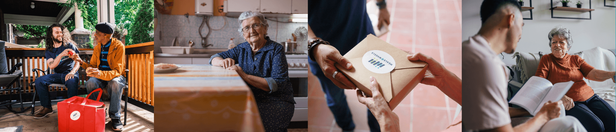 A grid of 4 images showing food delivery and seniors interacting with Meals on Wheels America volunteers.