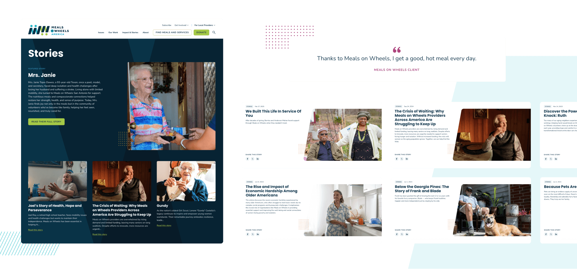 The top portion of the stories landing page, with a grid of individual story heroes.