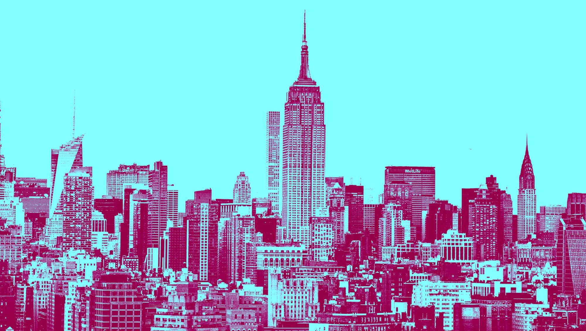 NYC skyline in magenta against a bright teal backdrop