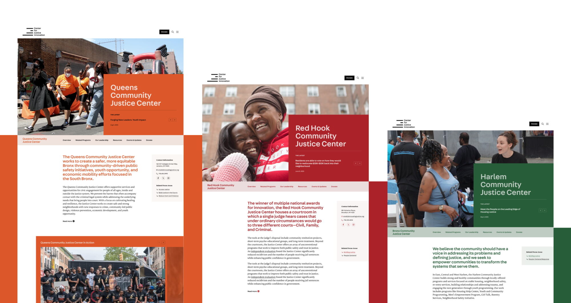 The top half of the CJI website's individual program pages to demonstrate the various color options: one is orange, one is red, and one is green