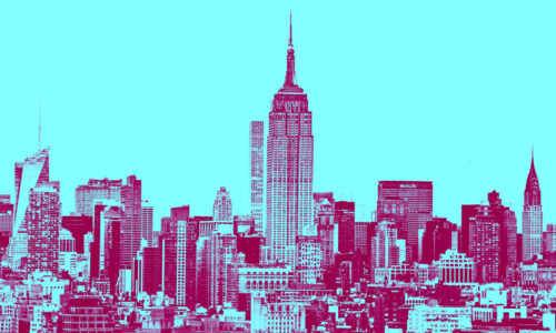 NYC skyline in magenta against a bright teal backdrop
