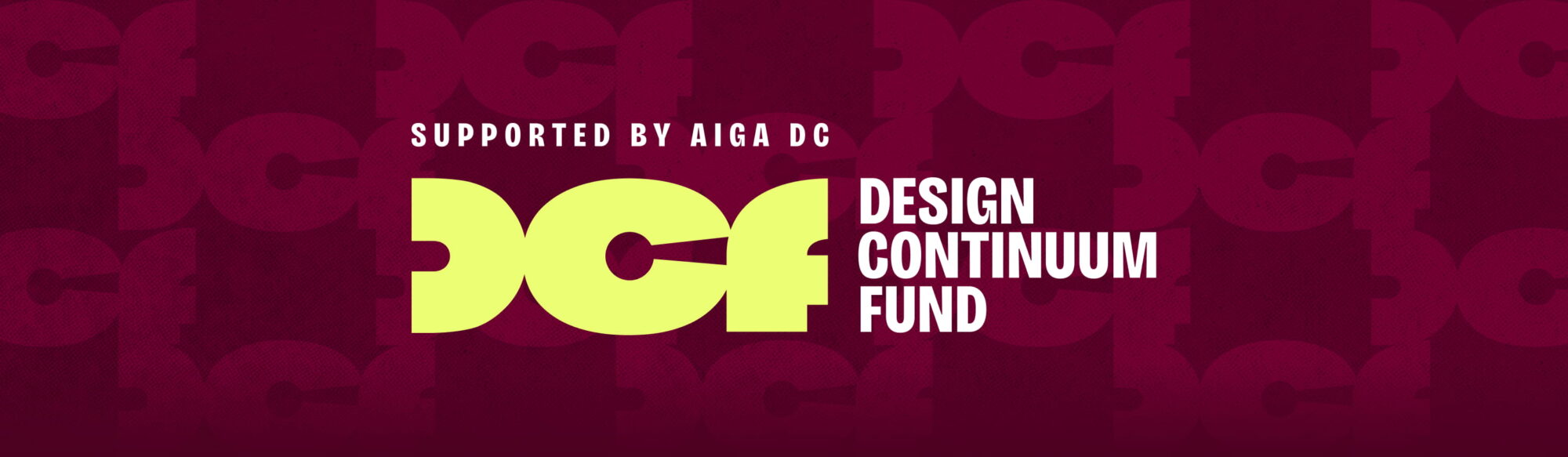 DCF logo sits on a maroon background with the logo letterforms as a subtle pattern.