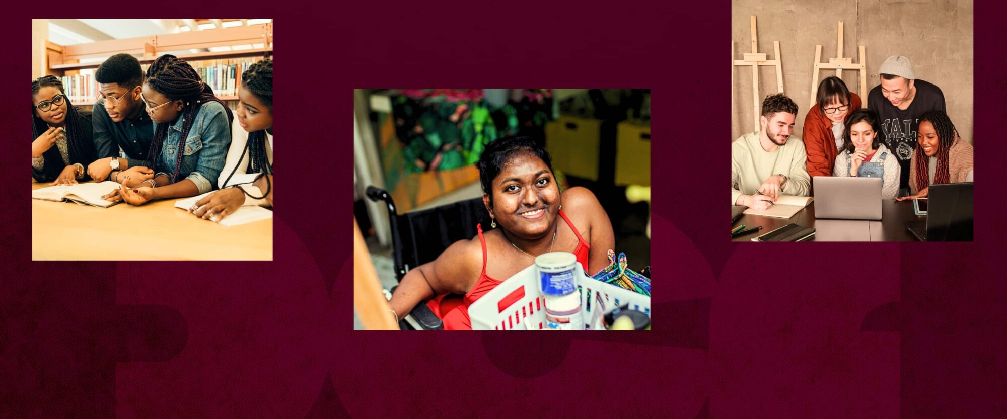 A collage of photos featuring art and design students who are people of color layered on top of a large graphic of the DCF logomark on a maroon background.