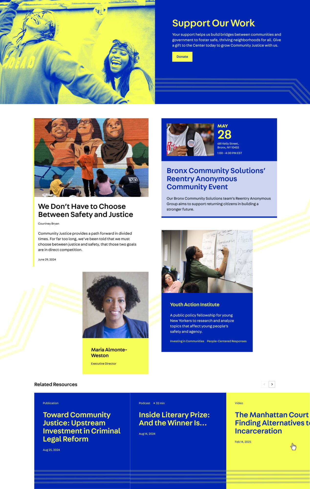A collage of blue and yellow CJI website card designs for content like events, resources, and people