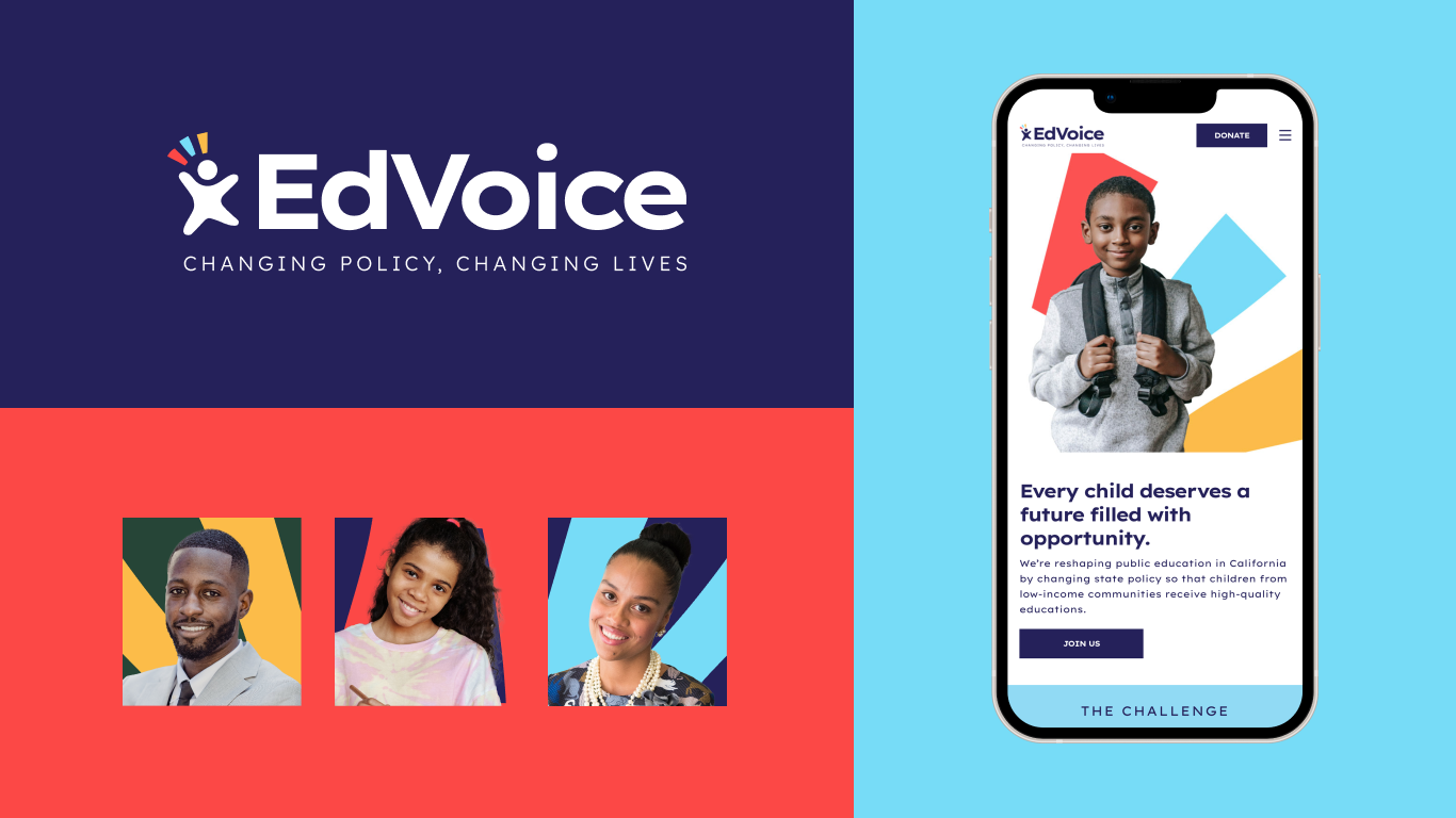 EdVoice logo, mobile homepage design, and three images of smiling children
