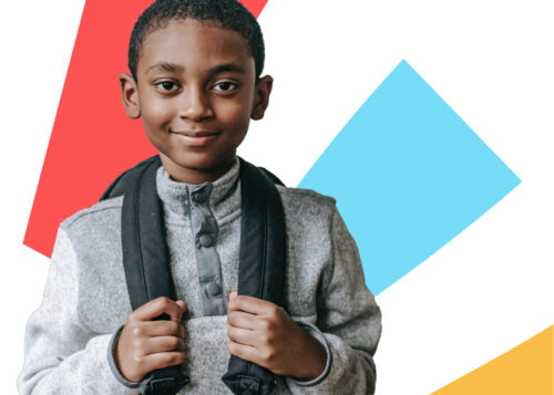 smiling child wearing a backpack with three colorful graphic rays in the background
