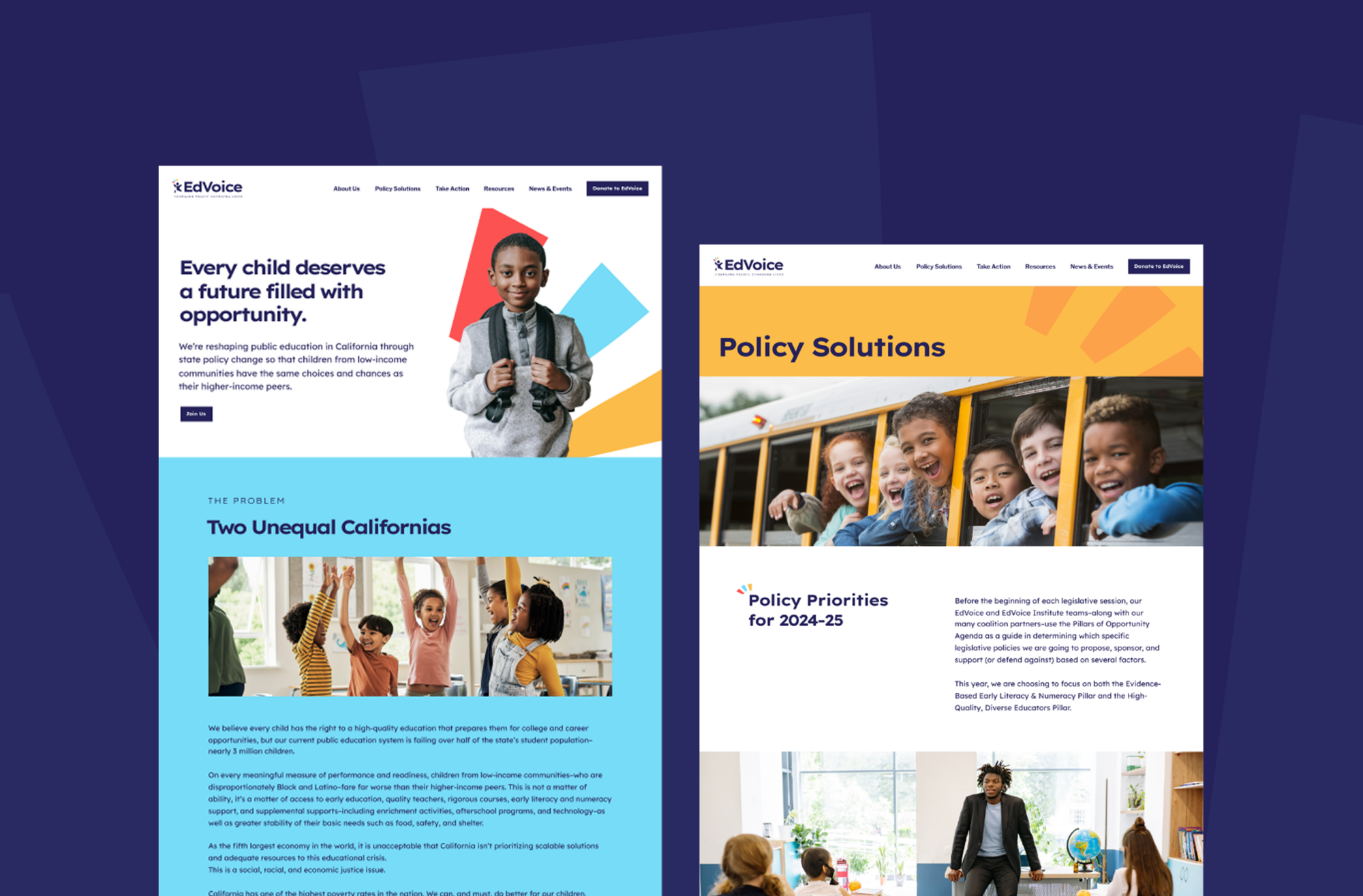 EdVoice website homepage and interior page designs