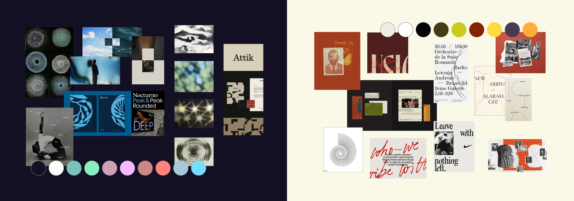 DC Design Week 2025 moodboards. One sits on a dark navy and features a lot of sea-like, nature imagery with a pastel and minty color palette. The second sits on a cream background and features editorial and collaged imagery with a warm color palette.