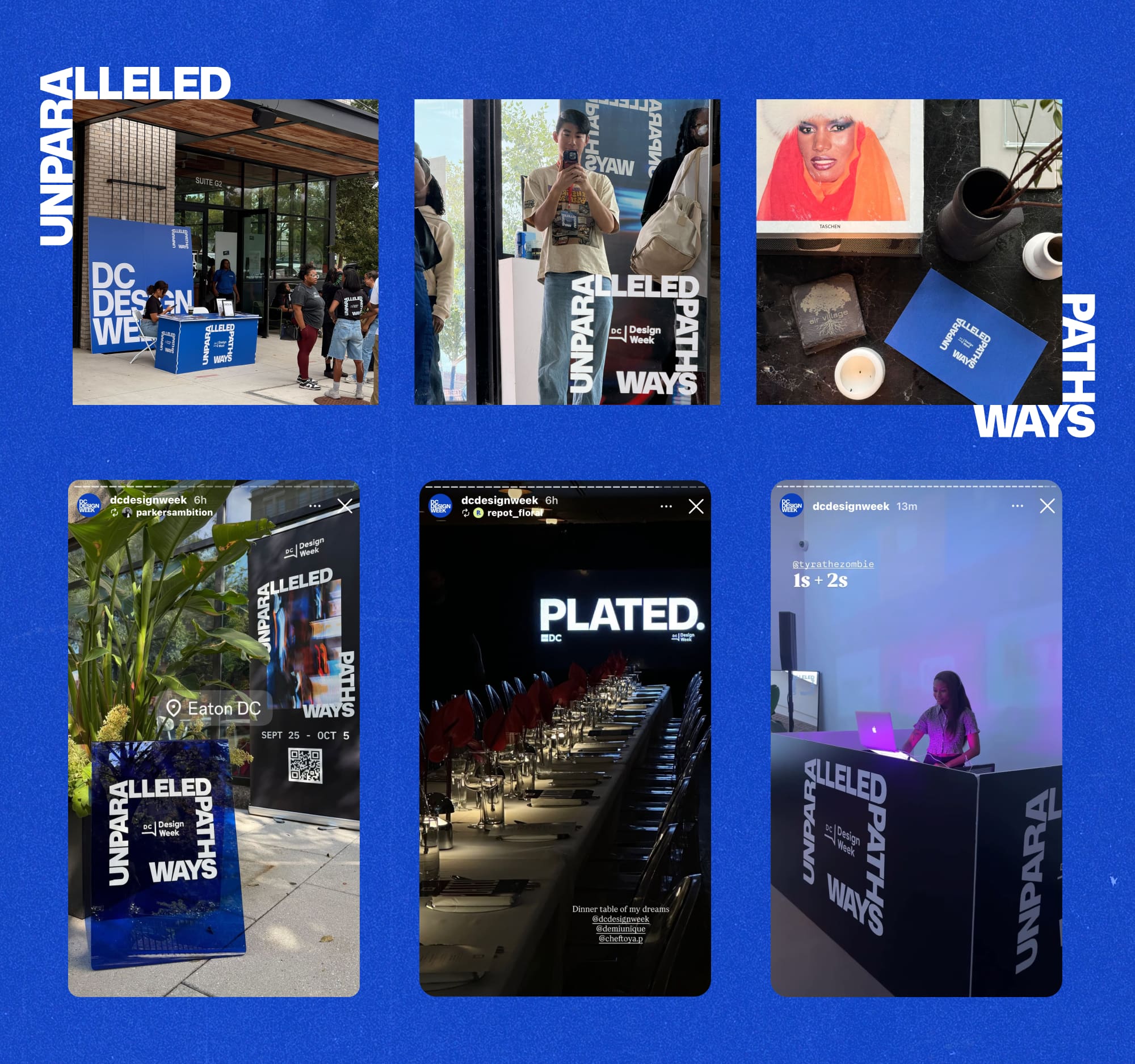 A collage on a bright blue background of DC Design Week merch and environmental designs.