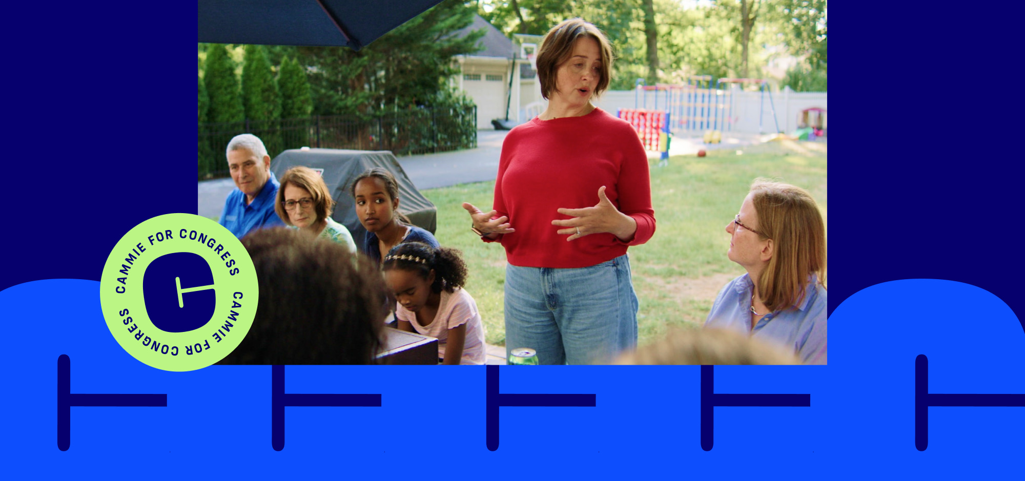 A photo of Cammie with New Jersey community members in her backyard, overlayed on top of a navy blue background with a chunky 
