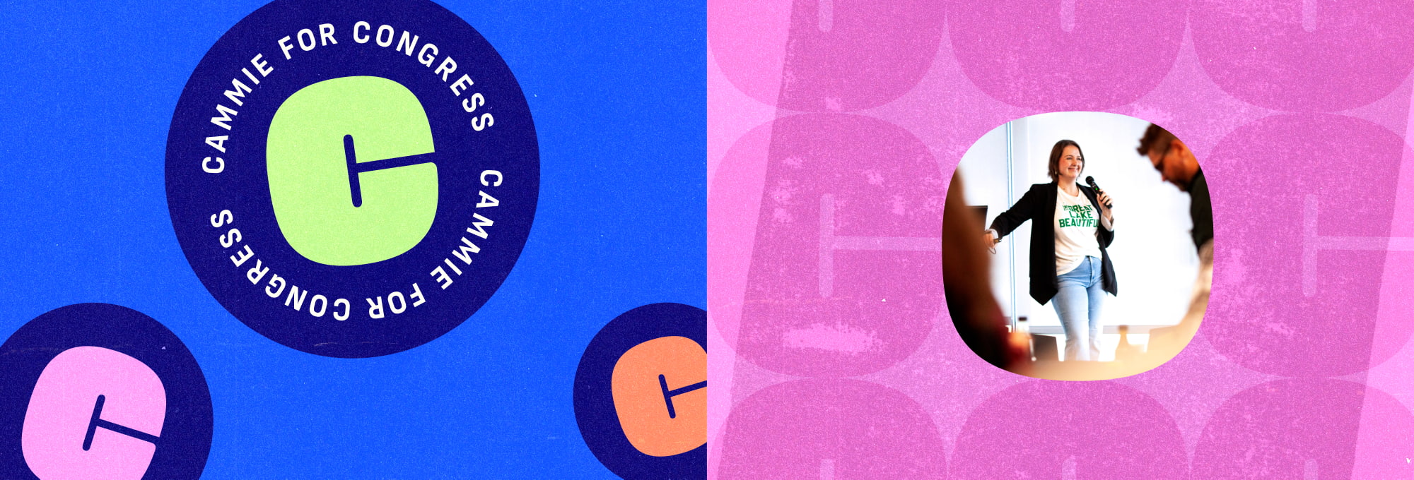 2 images: one of 3 Cammie badges with colorful C's scattered around, and another with a pink 
