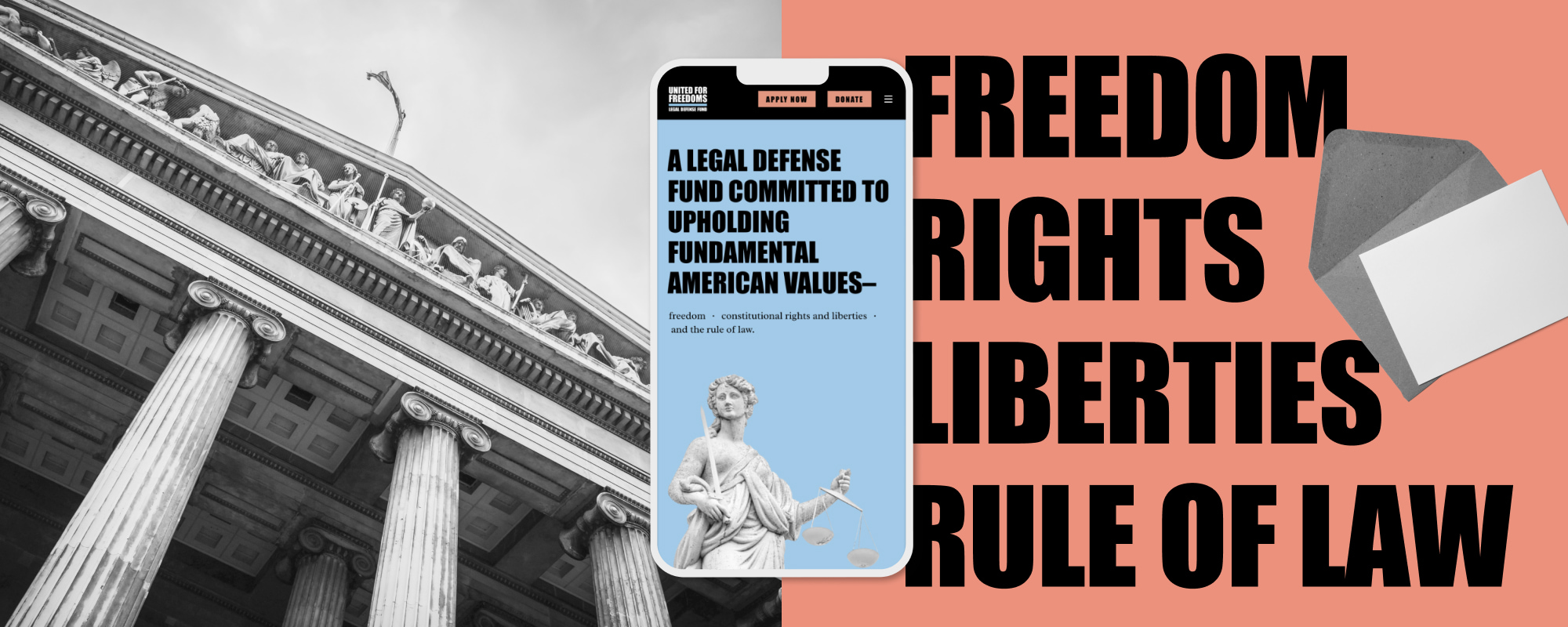 Brand moodboard for United for Freedoms styles, showing photo, color, type styles, etc